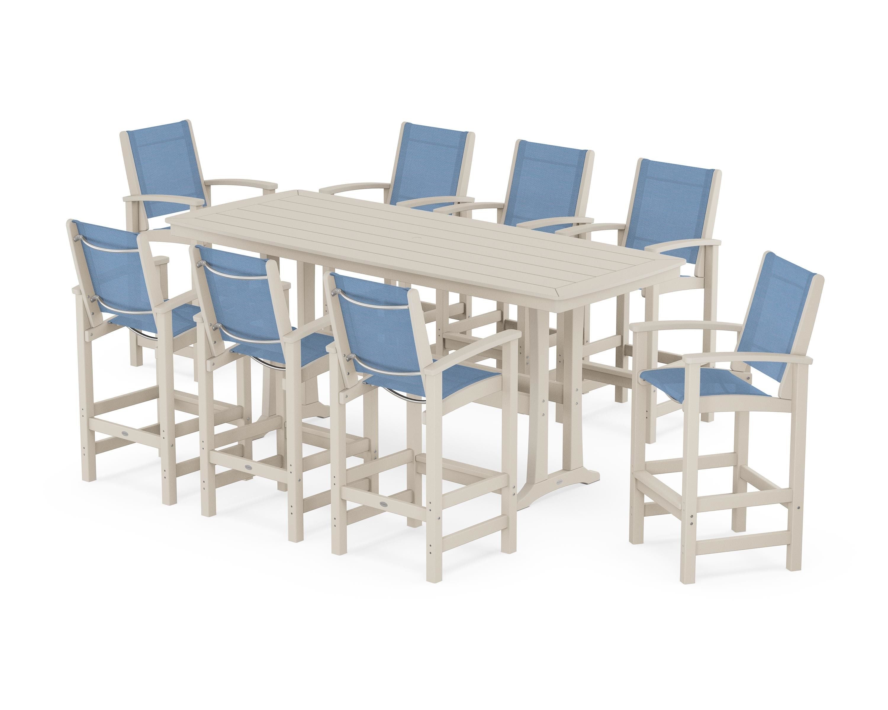 POLYWOOD Coastal 9-Piece Bar Set with Trestle Legs in Sand / Poolside Sling