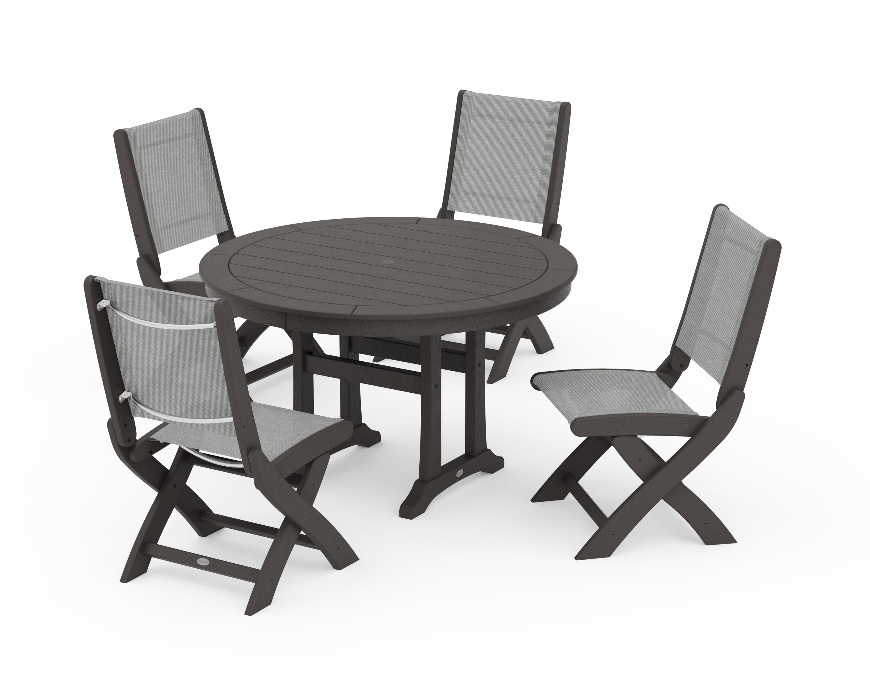 POLYWOOD Coastal Folding Side Chair 5-Piece Round Dining Set With Trestle Legs in Vintage Coffee / Metallic Sling