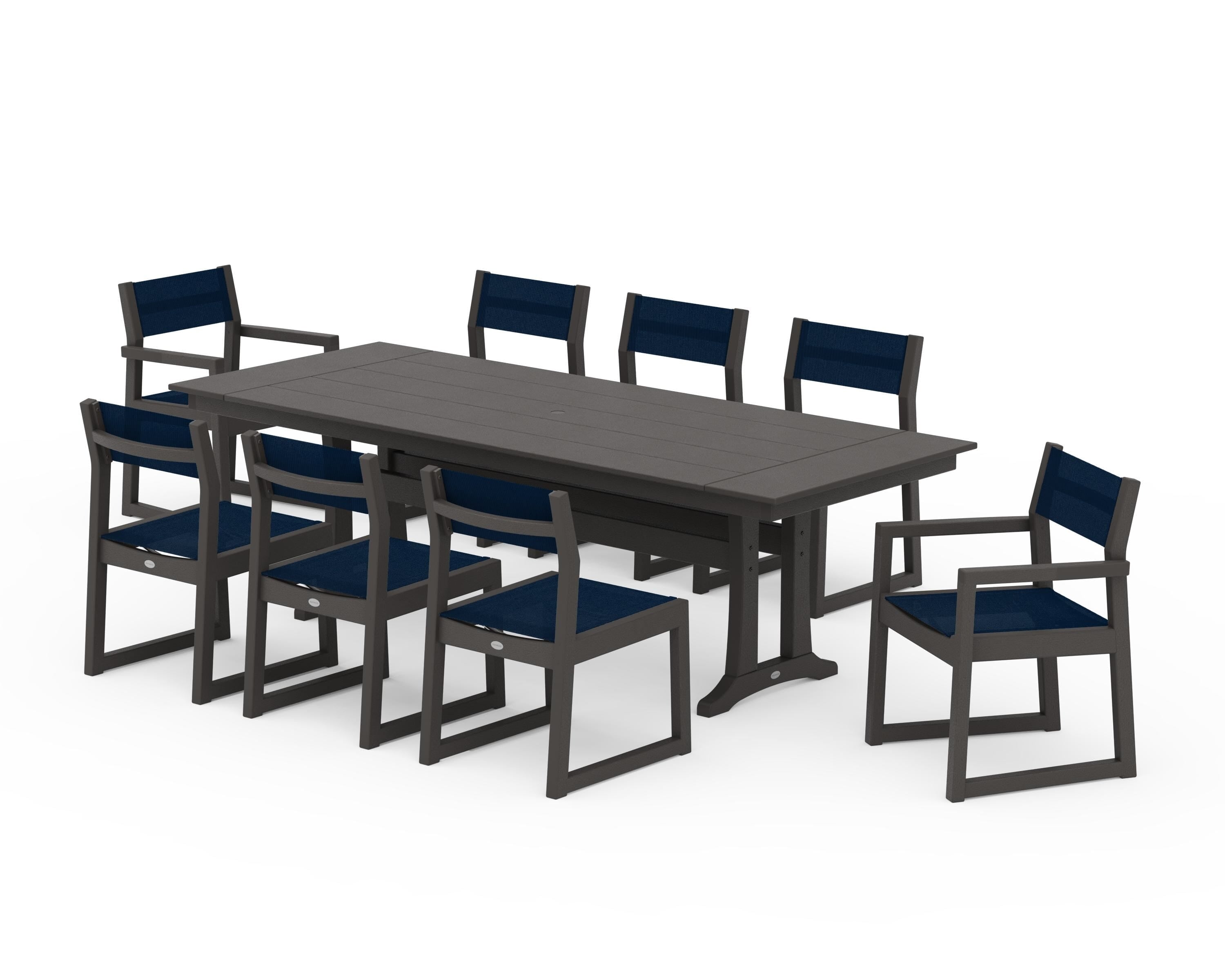 POLYWOOD EDGE Sling 9-Piece Farmhouse Trestle Dining Set in Vintage Coffee / Navy Blue Sling