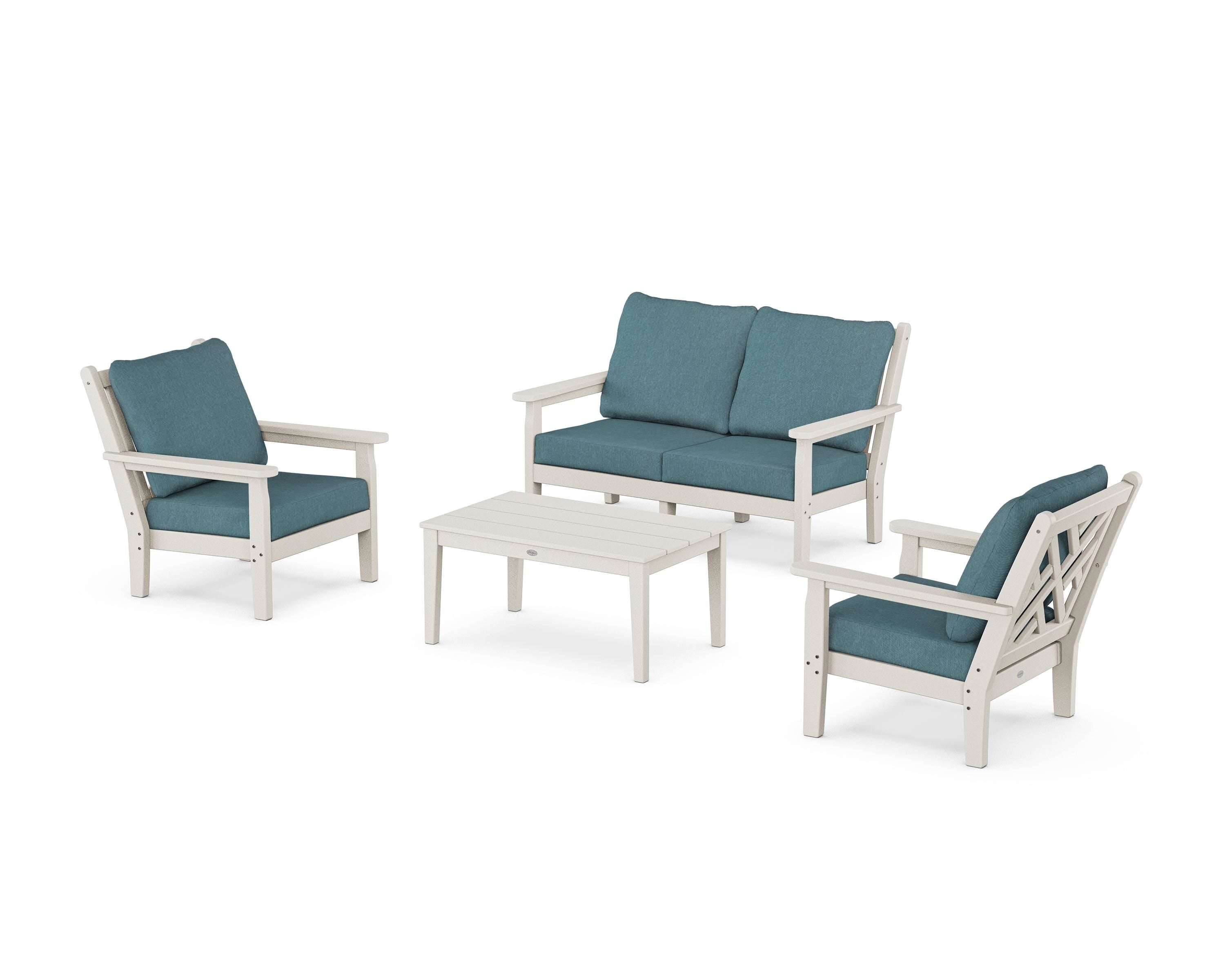 POLYWOOD Chippendale 4-Piece Deep Seating Set with Loveseat in Sand / Ocean Teal