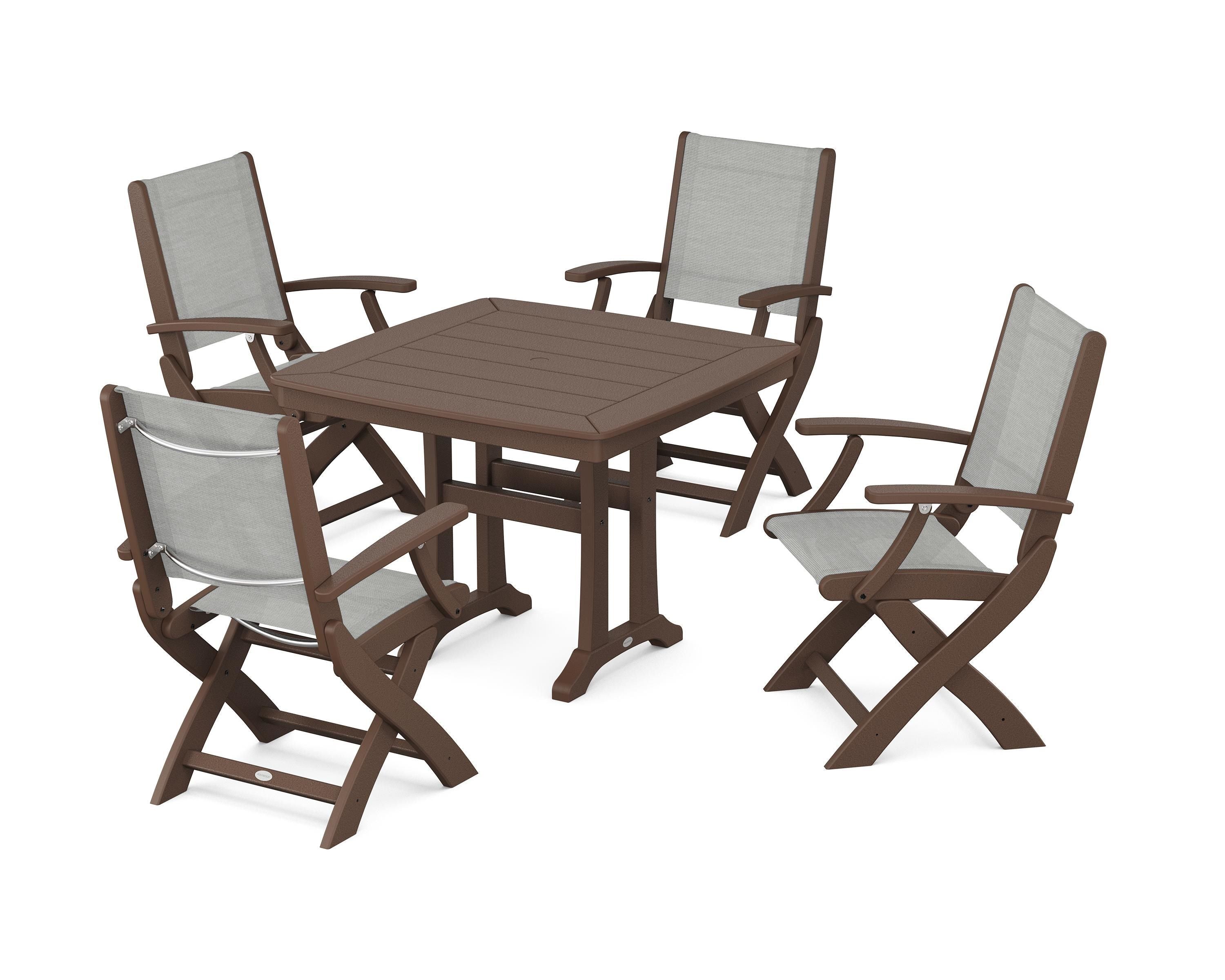 POLYWOOD Coastal Folding Chair 5-Piece Dining Set with Trestle Legs in Mahogany / Metallic Sling