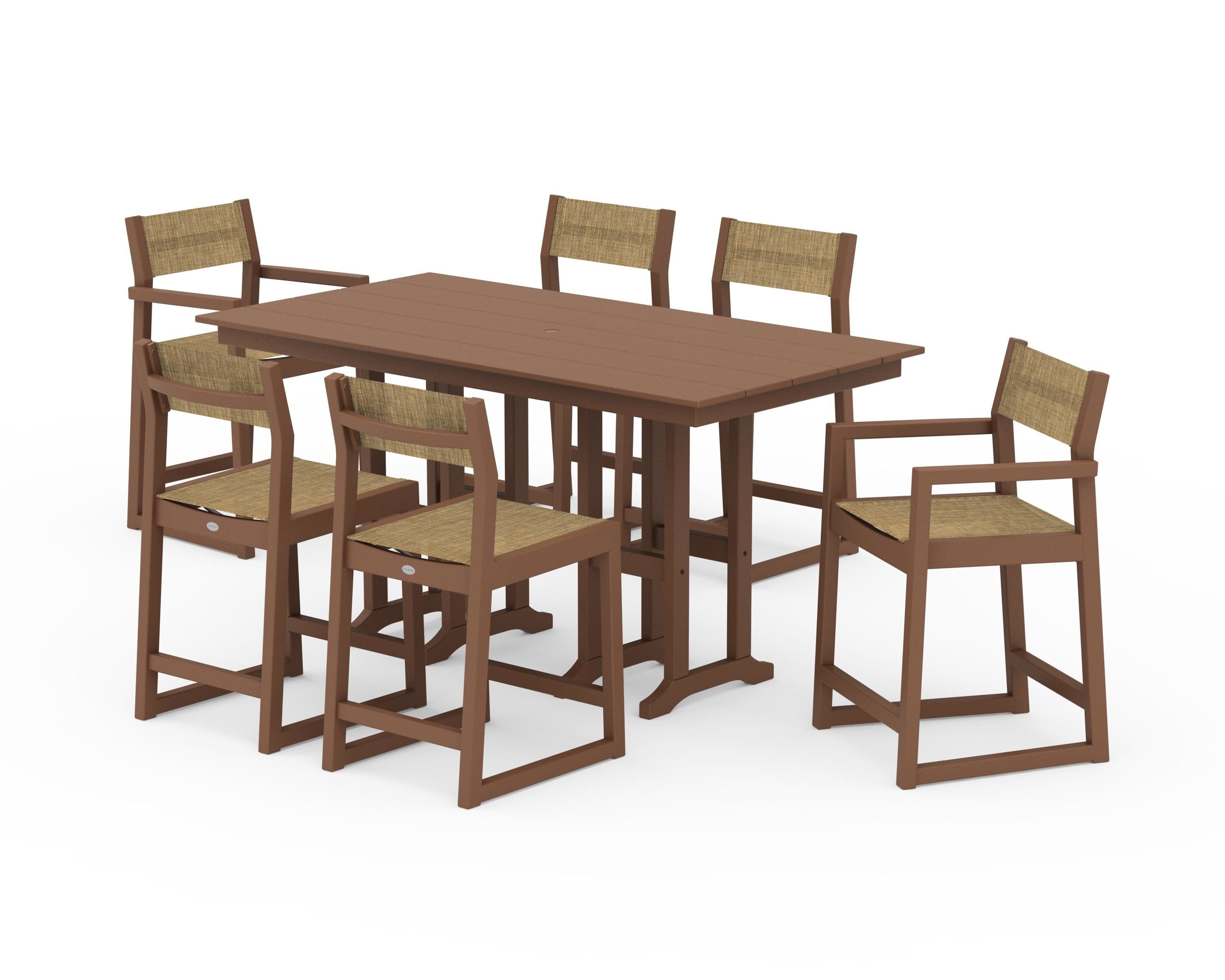POLYWOOD EDGE Sling 7-Piece Farmhouse Counter Set with Trestle Legs in Teak / Burlap Sling