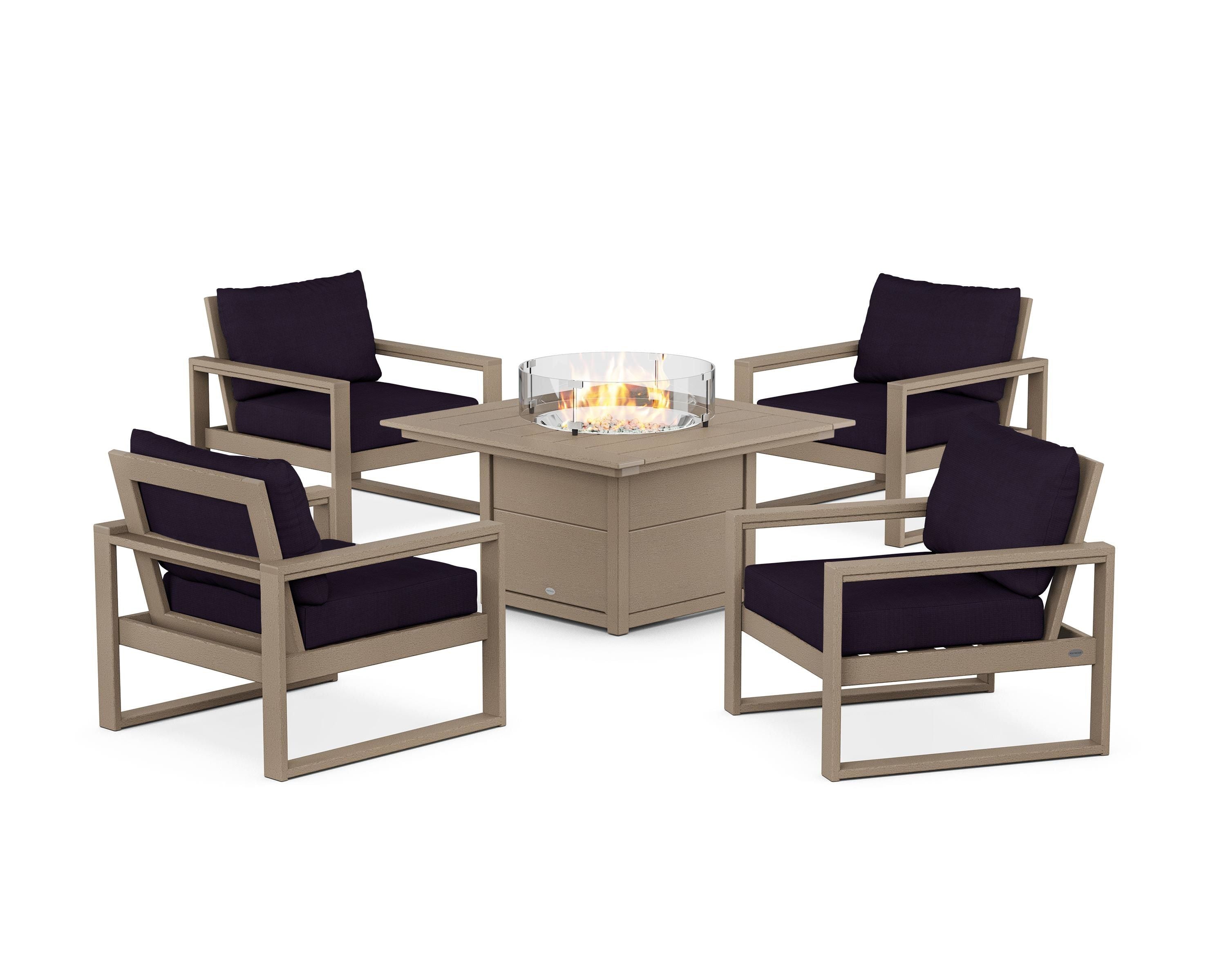 POLYWOOD EDGE Sectional 5-Piece Deep Seating Set with Fire Pit Table in Vintage Sahara / Navy Linen