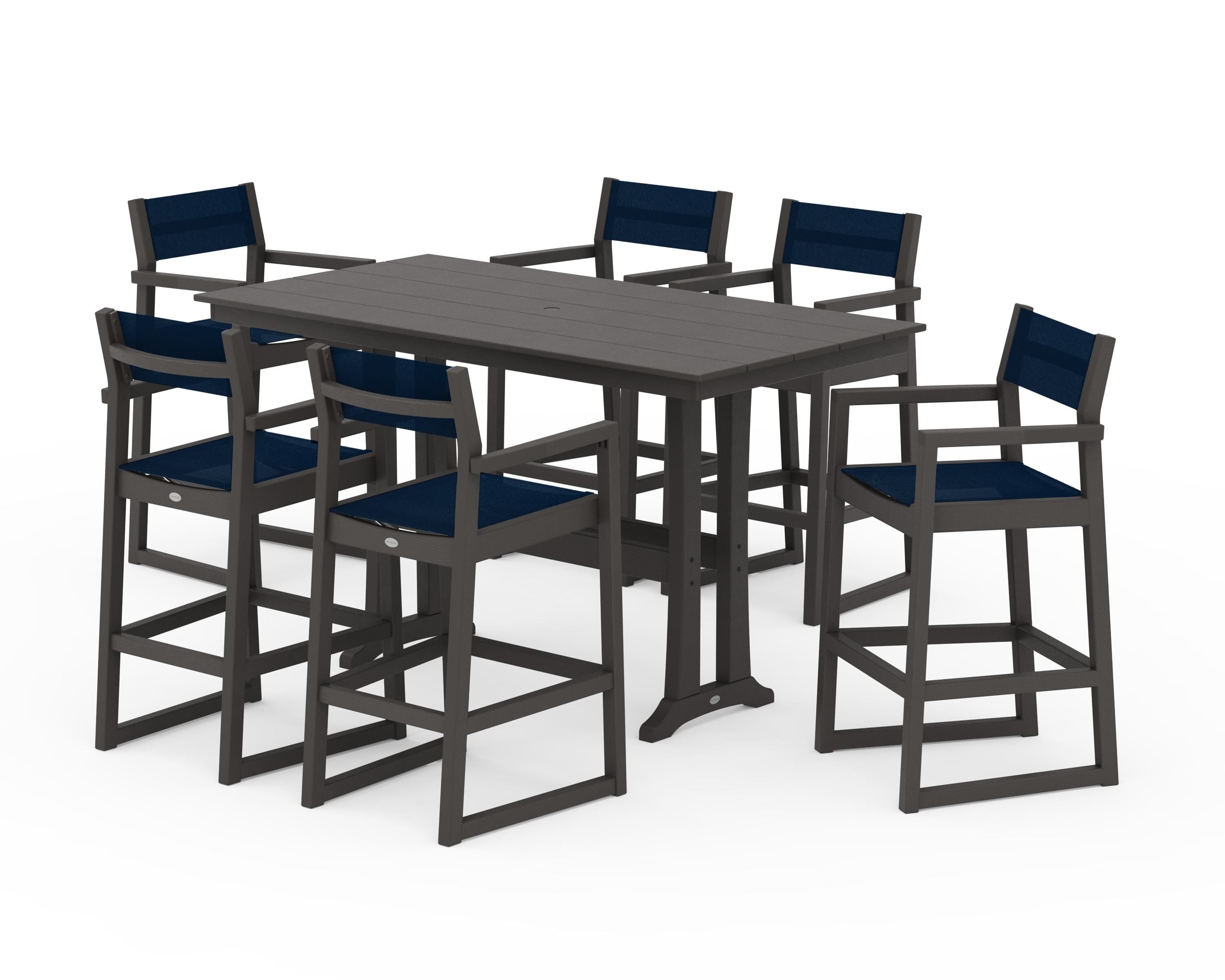 POLYWOOD EDGE Sling Arm Chair 7-Piece Farmhouse Bar Set with Trestle Legs in Vintage Coffee / Navy Blue Sling