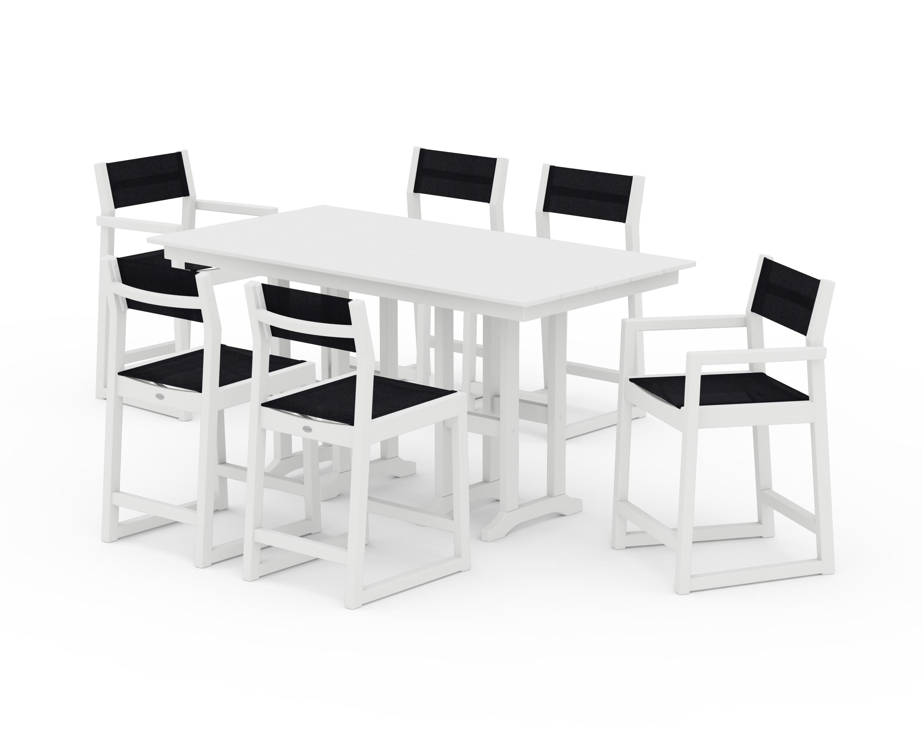 POLYWOOD EDGE Sling 7-Piece Farmhouse Counter Set with Trestle Legs in White / Black Sling