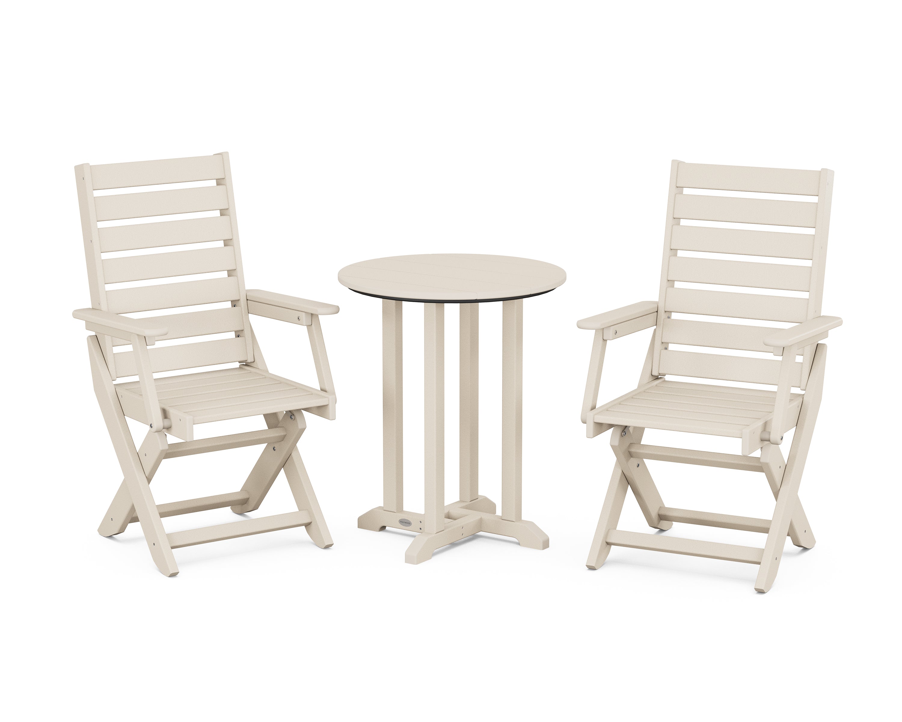 POLYWOOD Captain Folding Chair 3-Piece Round Bistro Dining Set in Sand