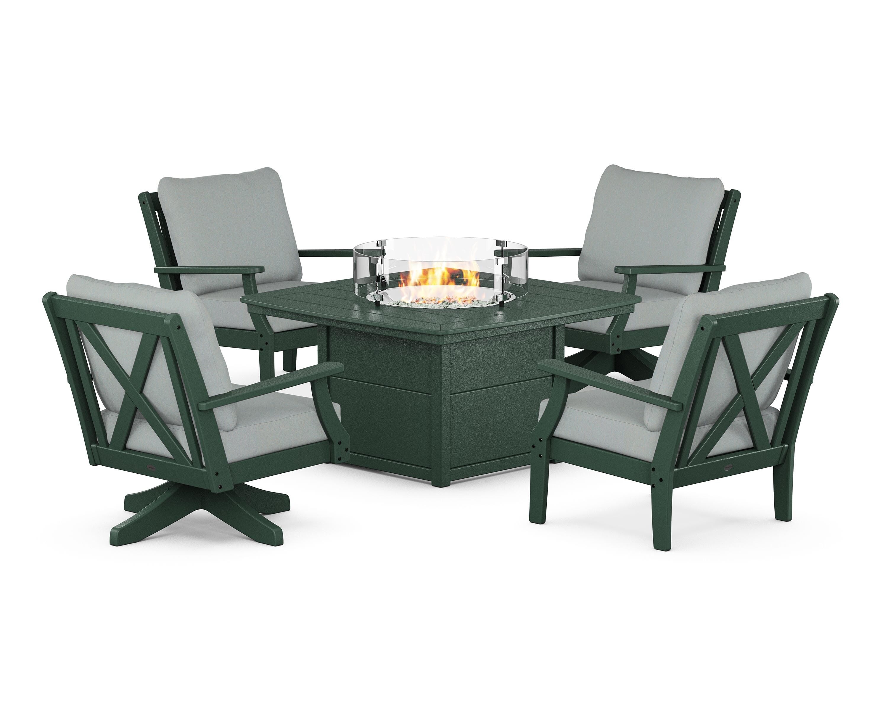 POLYWOOD Braxton 5-Piece Deep Seating Set with Fire Table in Green / Spa