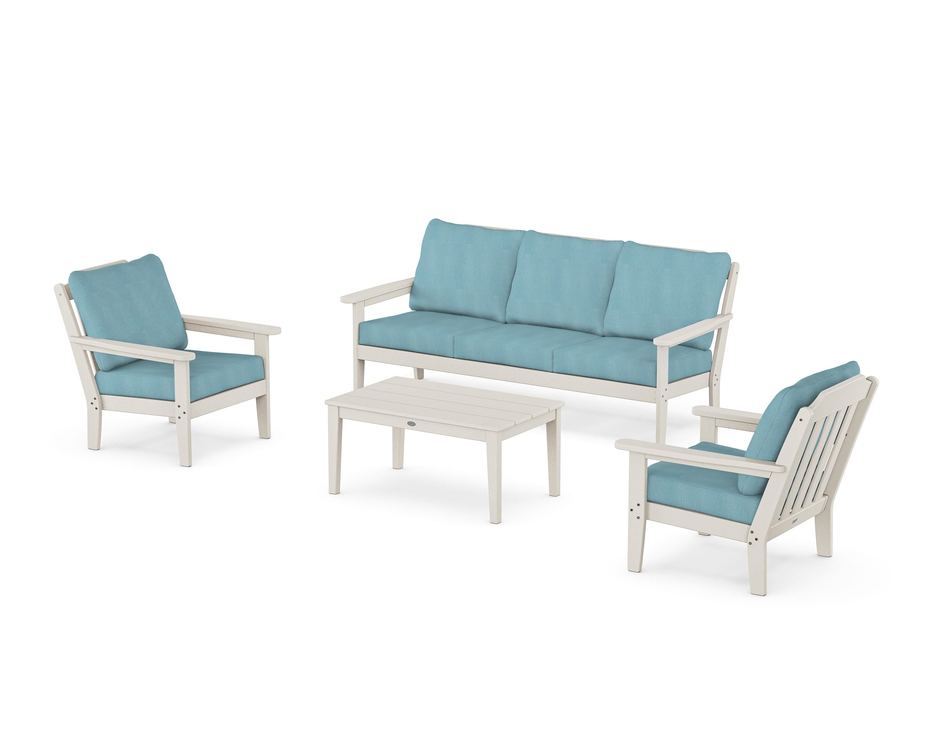 Country Living Cottage 4-Piece Deep Seating Set with Sofa in Sand / Lattice Sky Blue