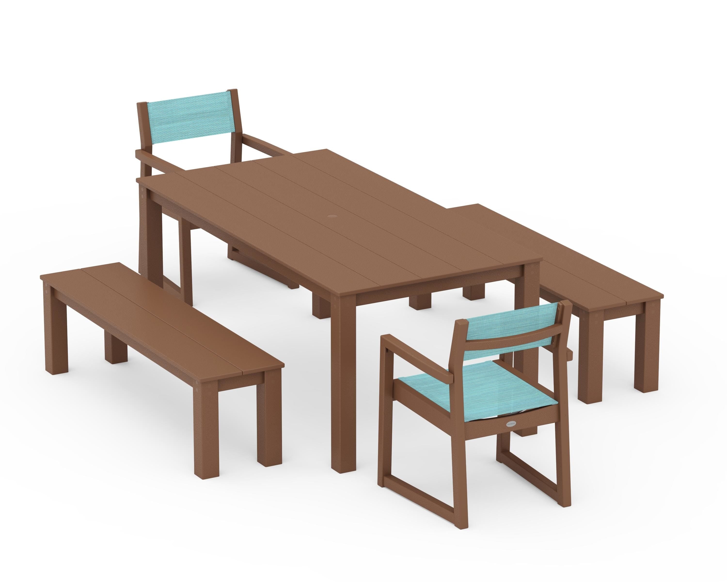 POLYWOOD EDGE Sling Arm Chair 5-Piece Parsons Dining Set with Benches in Teak / Dupioni Aquamarine Sling
