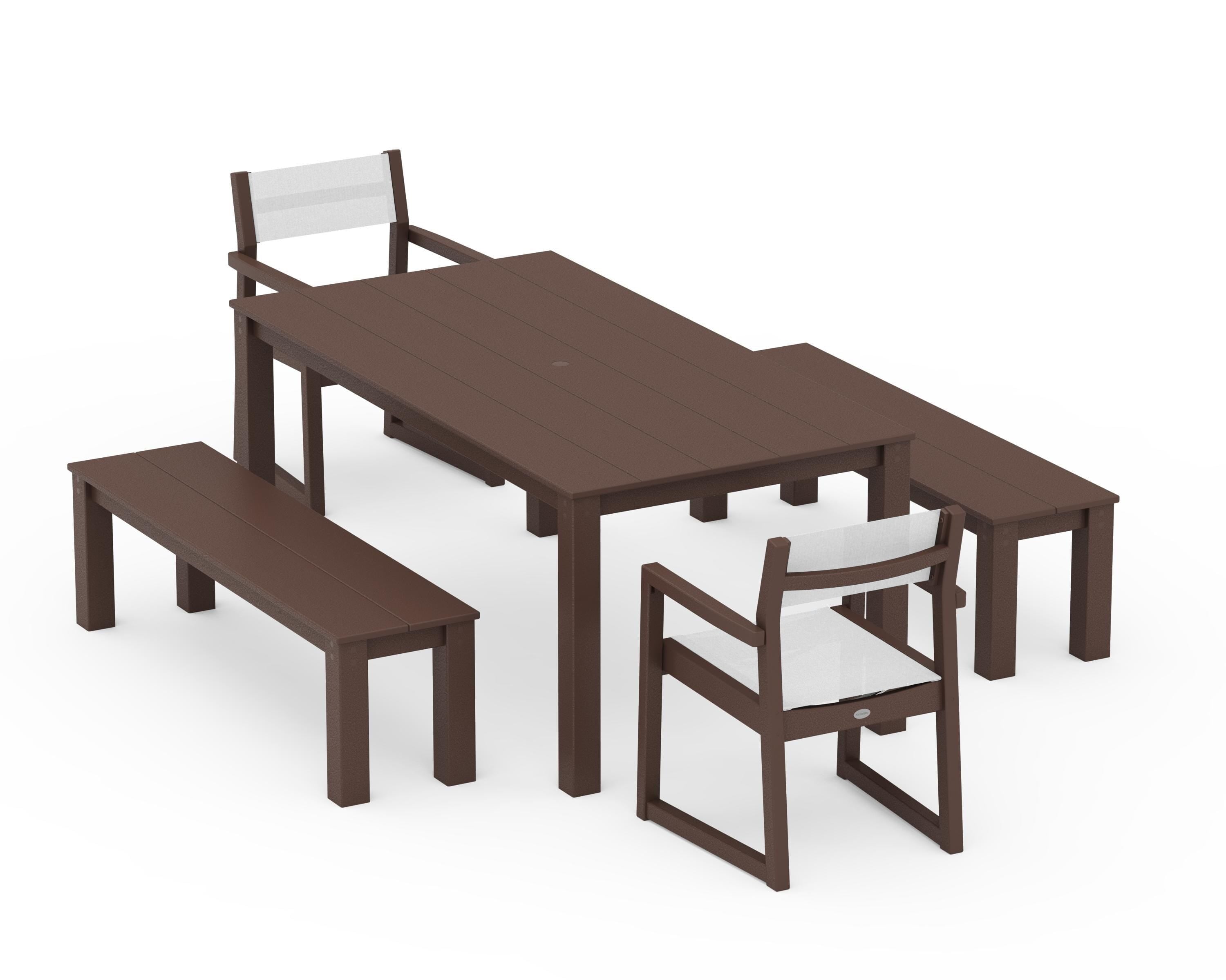 POLYWOOD EDGE Sling Arm Chair 5-Piece Parsons Dining Set with Benches in Mahogany / White Sling