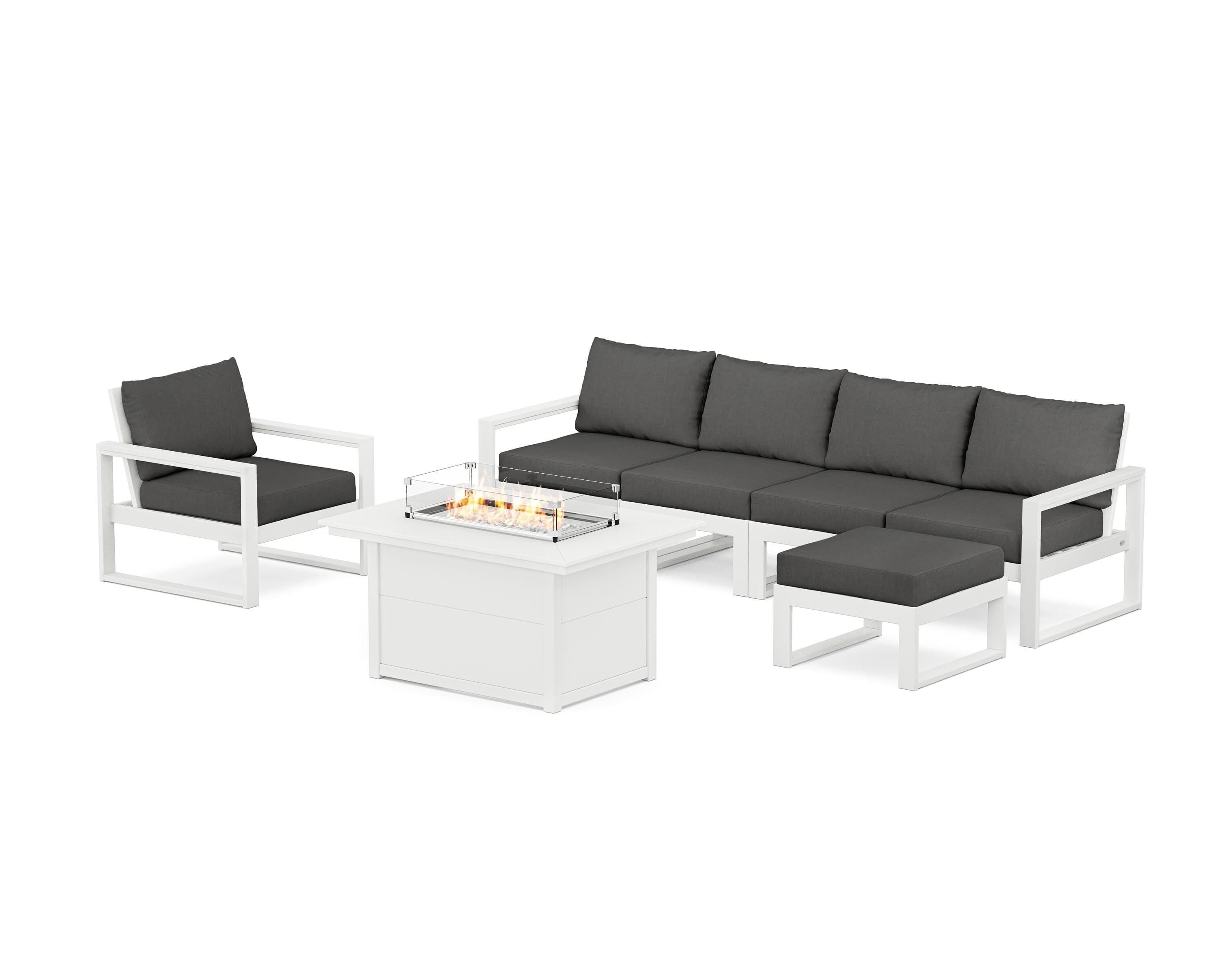 POLYWOOD EDGE Sectional Lounge and Fire Pit Set in White / Spectrum Carbon