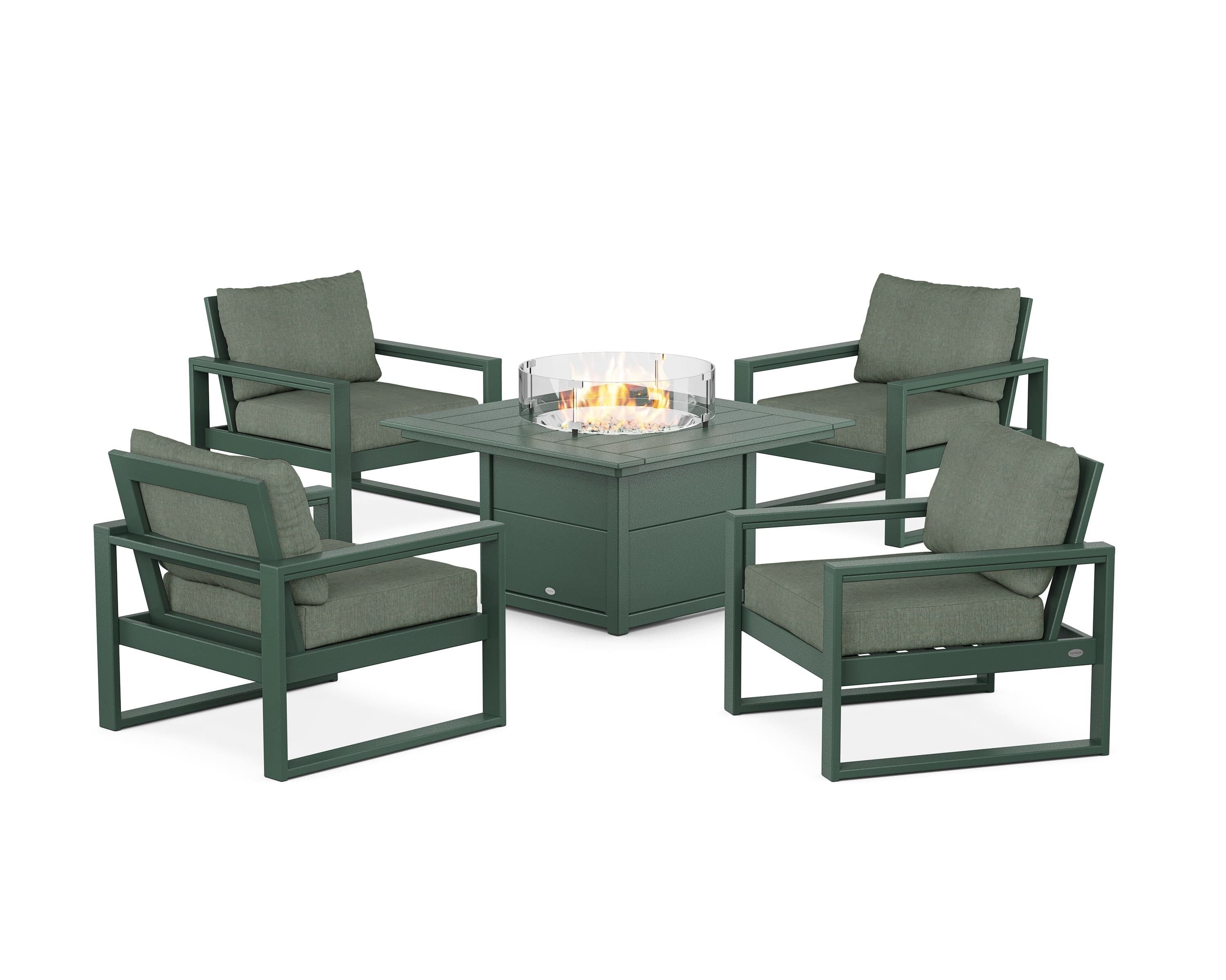 POLYWOOD EDGE Sectional 5-Piece Deep Seating Set with Fire Pit Table in Green / Cast Sage