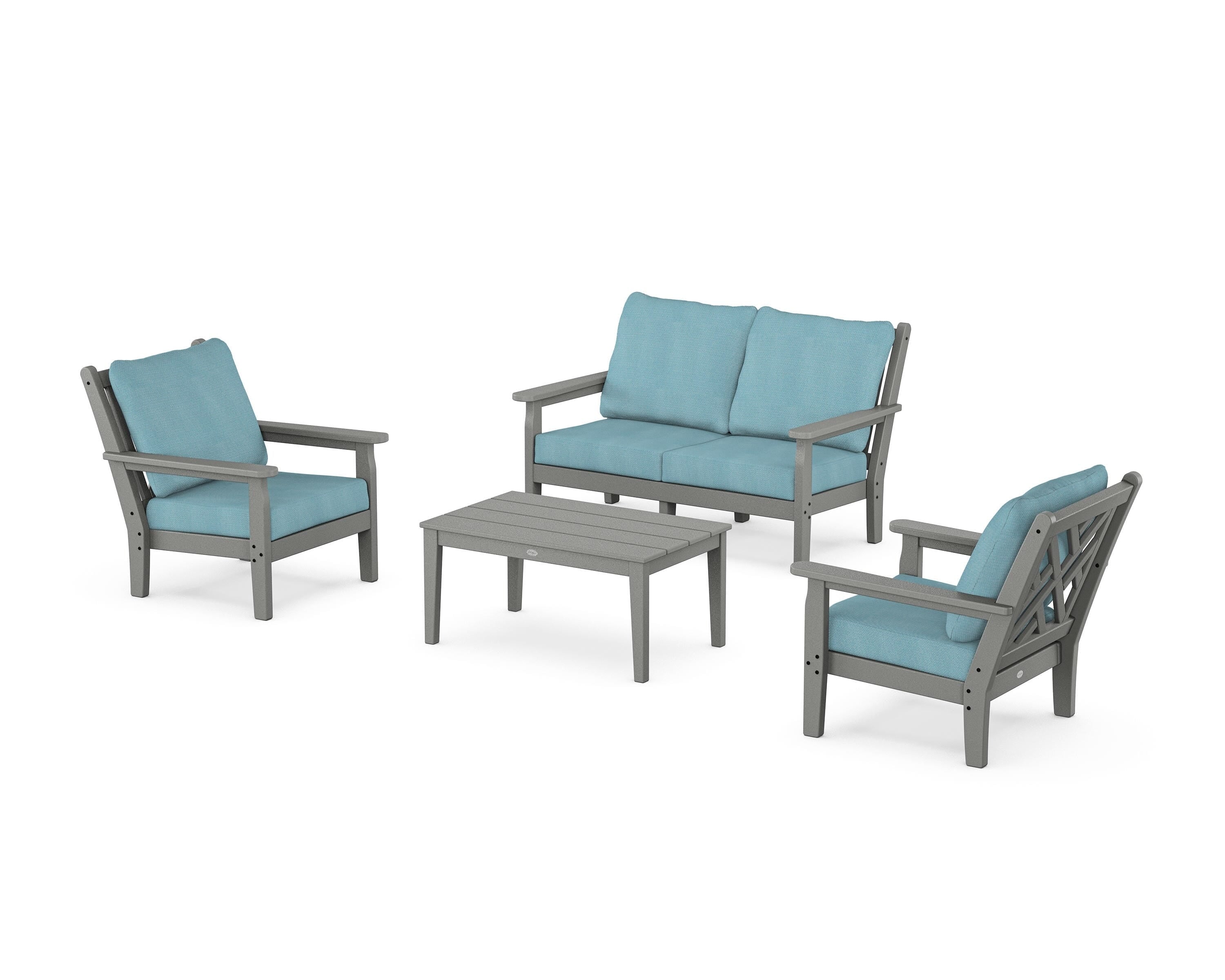 POLYWOOD Chippendale 4-Piece Deep Seating Set with Loveseat in Slate Grey / Lattice Sky Blue