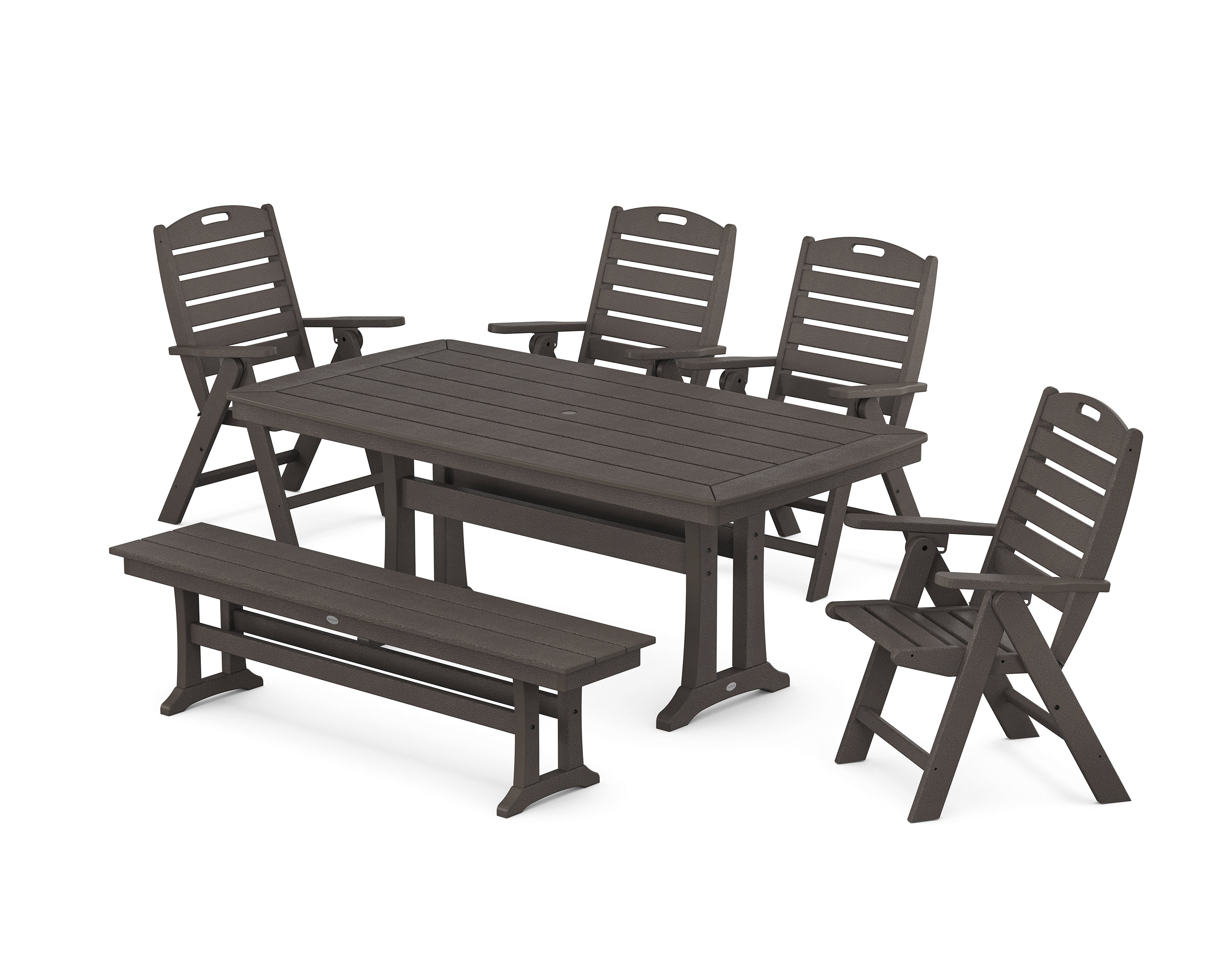 POLYWOOD Nautical Highback 6-Piece Dining Set with Trestle Legs and Bench in Vintage Coffee