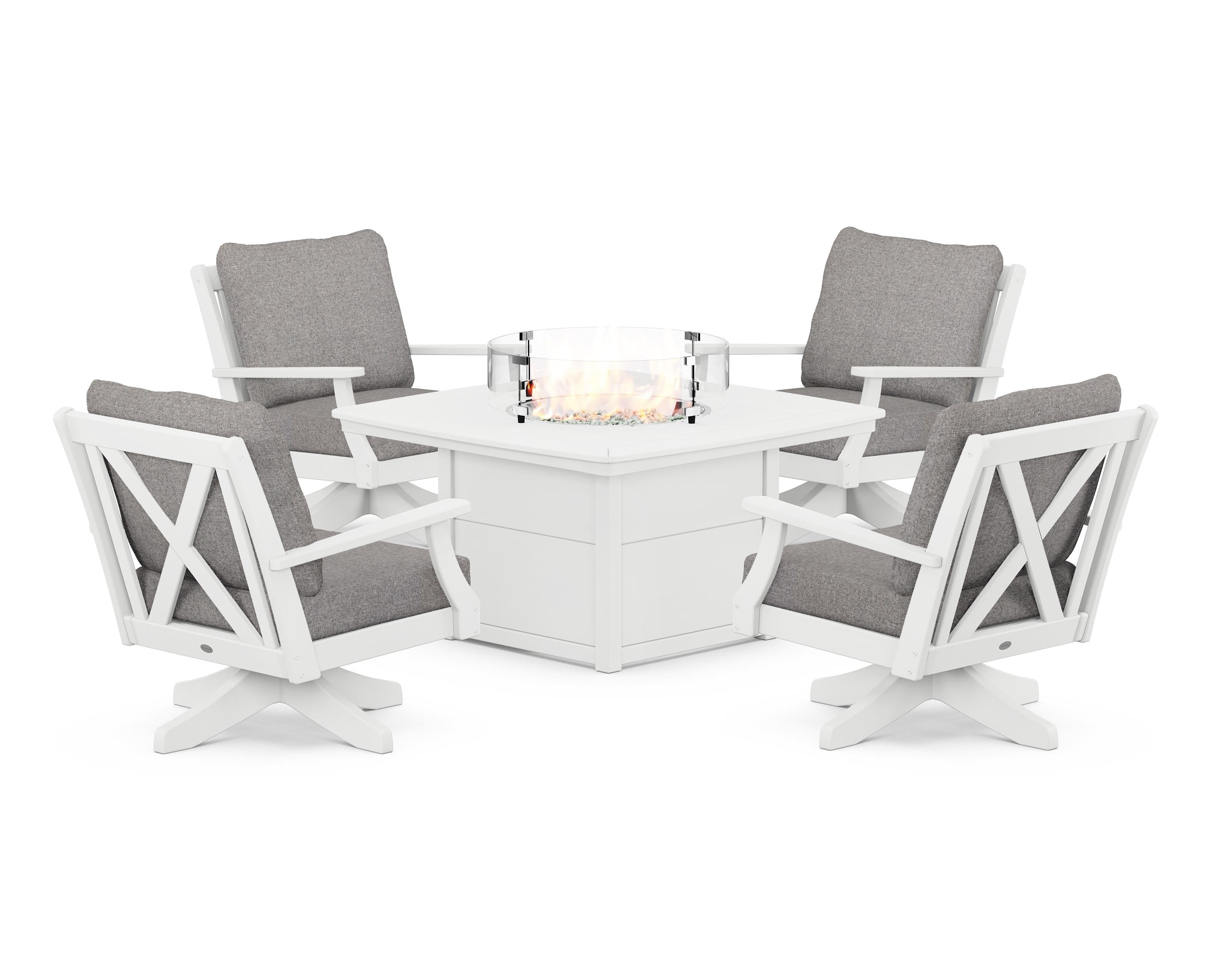 POLYWOOD Braxton 5-Piece Deep Seating Swivel Conversation Set with Fire Pit Table in White / Grey Mist