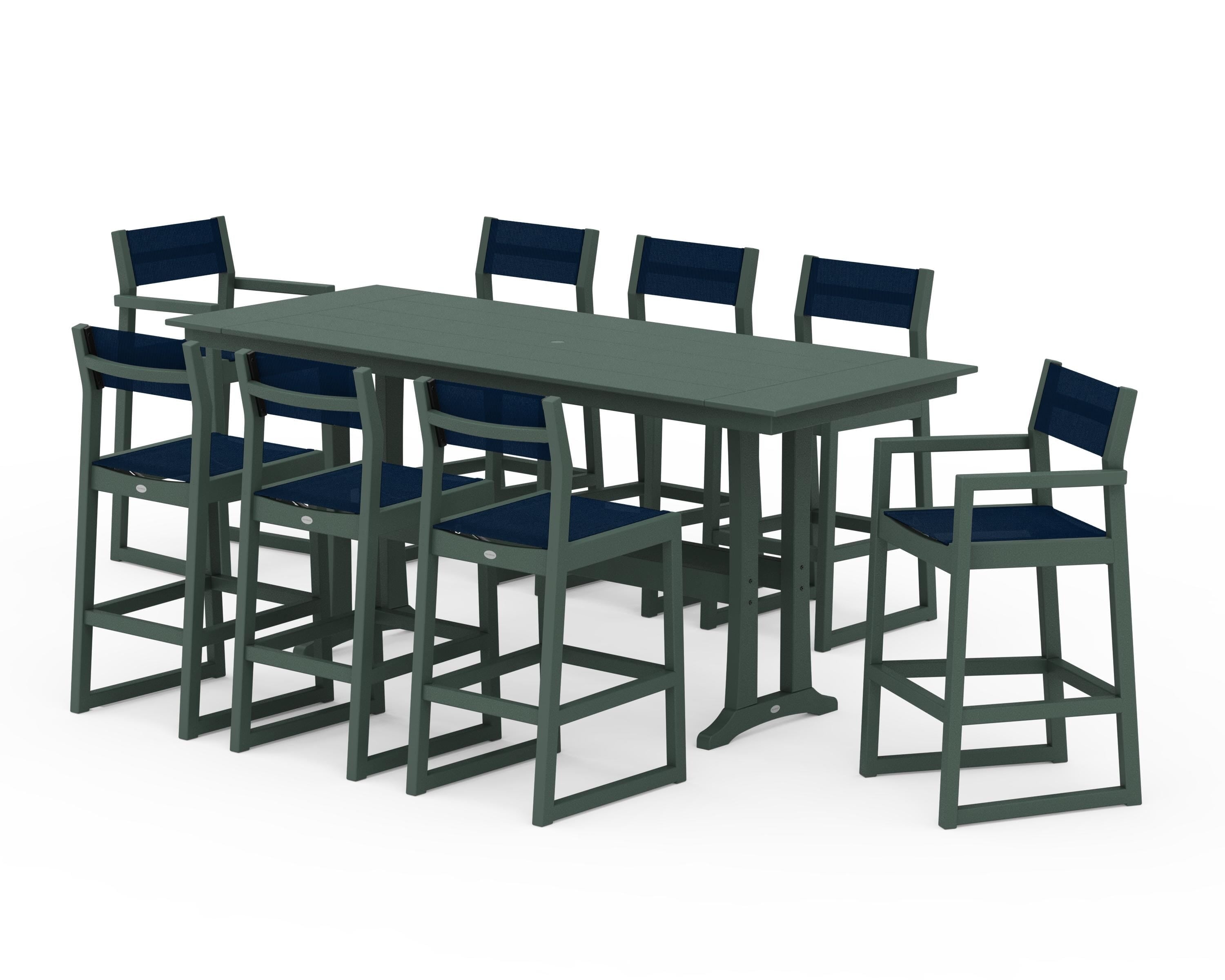 POLYWOOD EDGE Sling 9-Piece Farmhouse Bar Set with Trestle Legs in Green / Navy Blue Sling