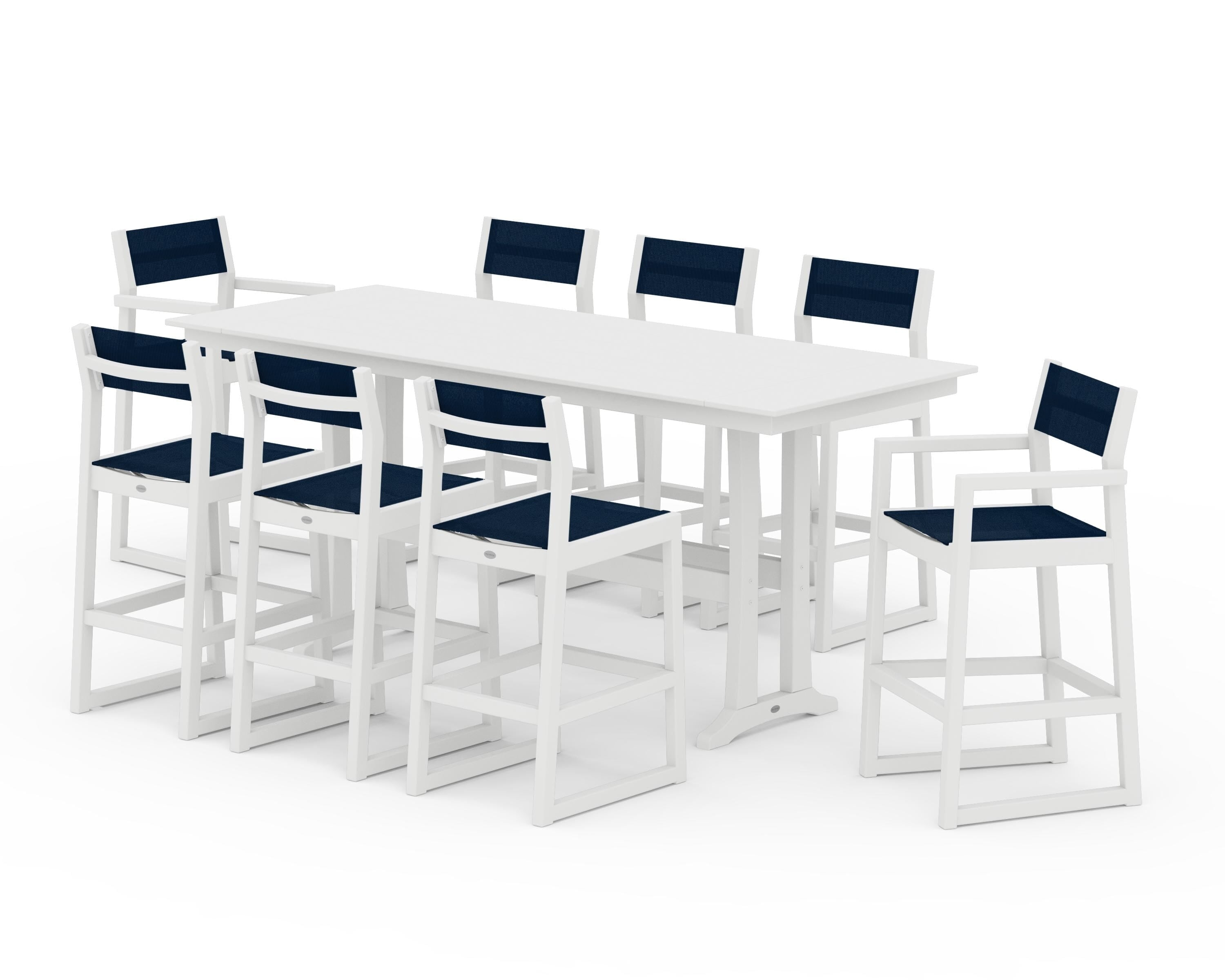 POLYWOOD EDGE Sling 9-Piece Farmhouse Bar Set with Trestle Legs in White / Navy Blue Sling
