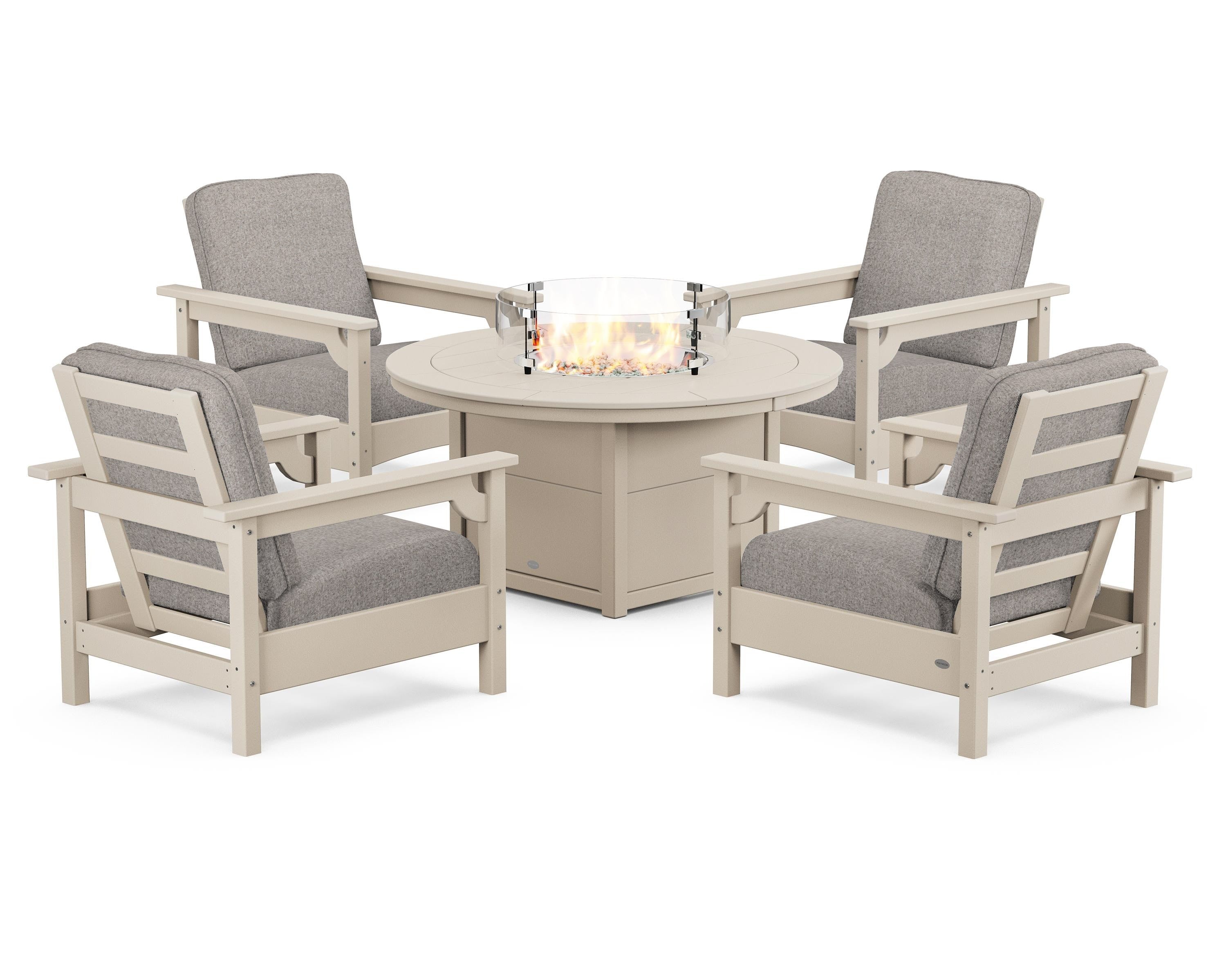 POLYWOOD Club 5-Piece Conversation Set with Fire Pit Table in Sand / Weathered Tweed