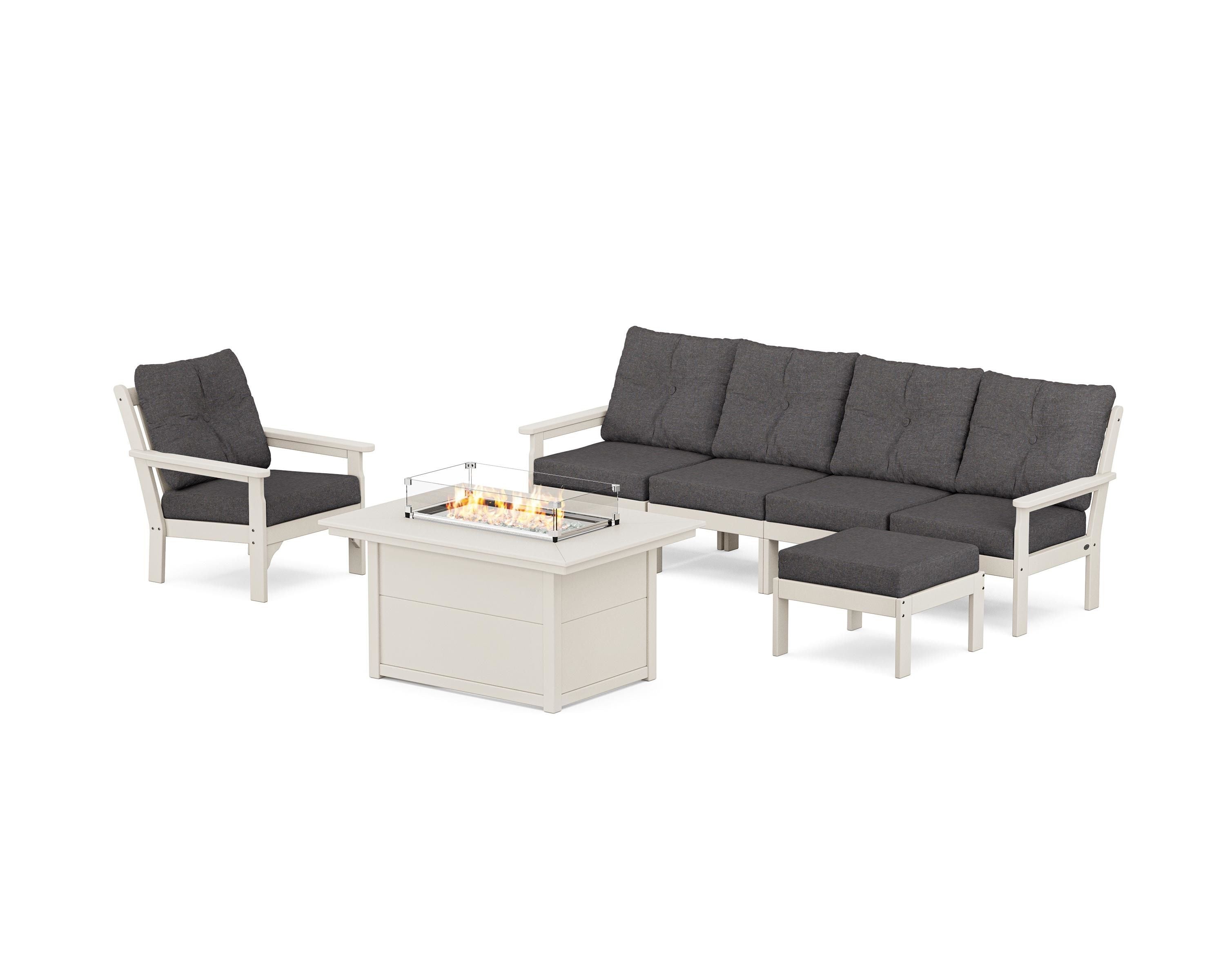 POLYWOOD Vineyard Sectional Lounge and Fire Pit Set in Sand / Ash Charcoal