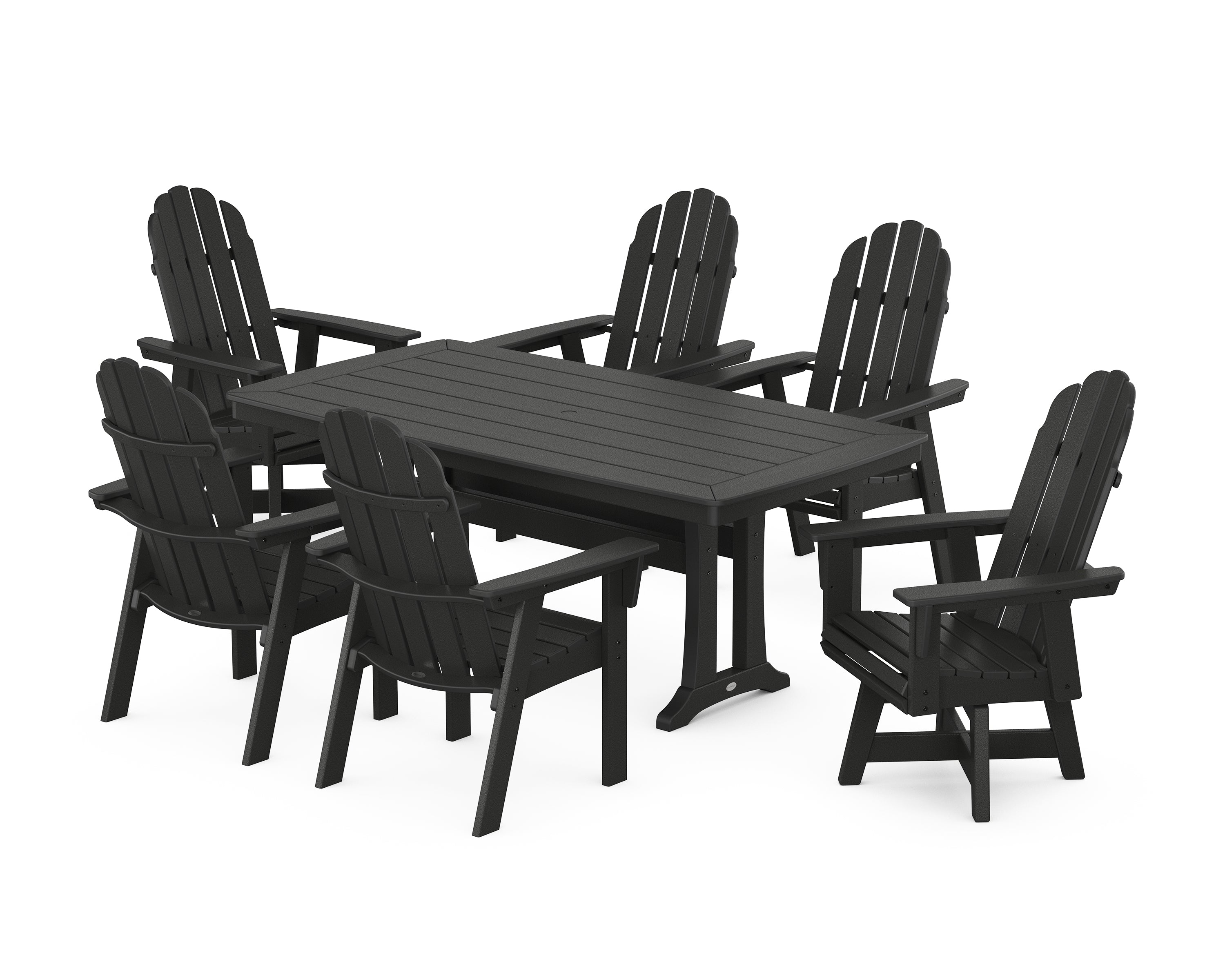 POLYWOOD® Vineyard Curveback Adirondack Swivel Chair 7-Piece Dining Set with Trestle Legs in Black