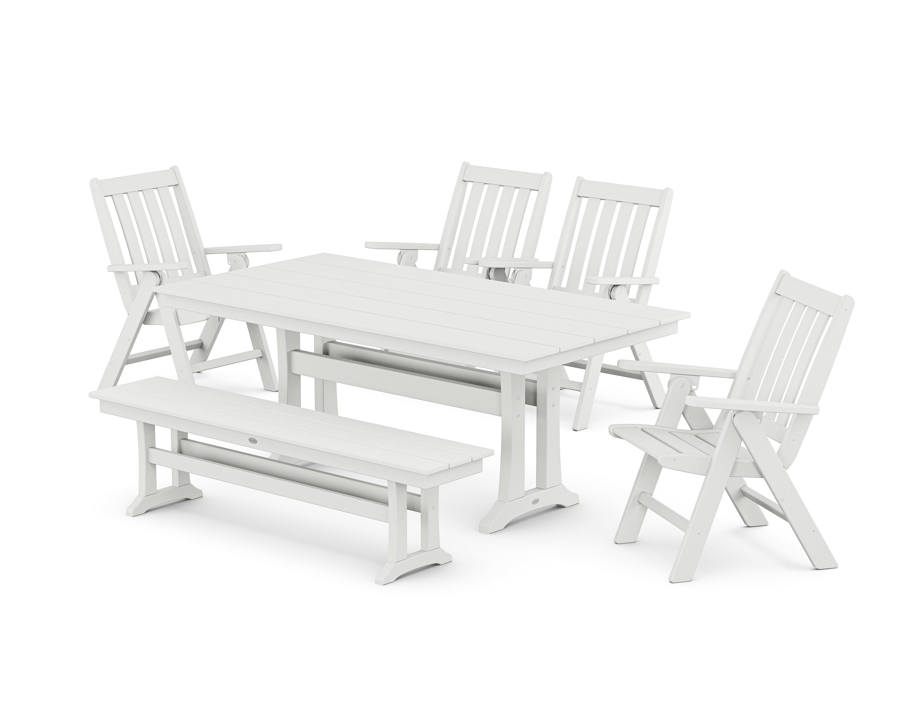 POLYWOOD Vineyard 6-Piece Folding Chair Farmhouse Dining Set with Trestle Legs and Bench in White