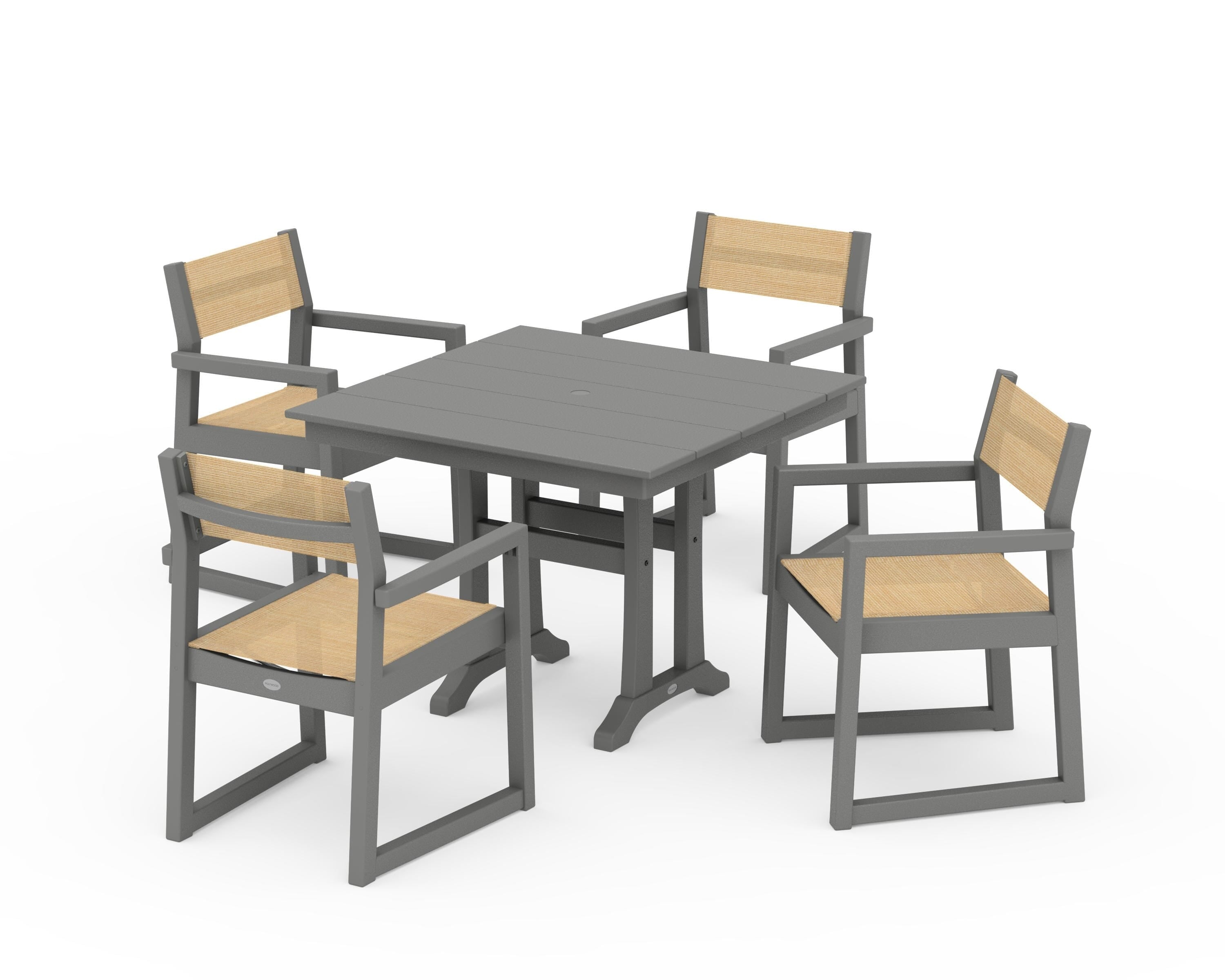 POLYWOOD EDGE Sling 5-Piece Farmhouse Dining Set with Trestle Legs in Slate Grey / Dupioni Apricot Sling