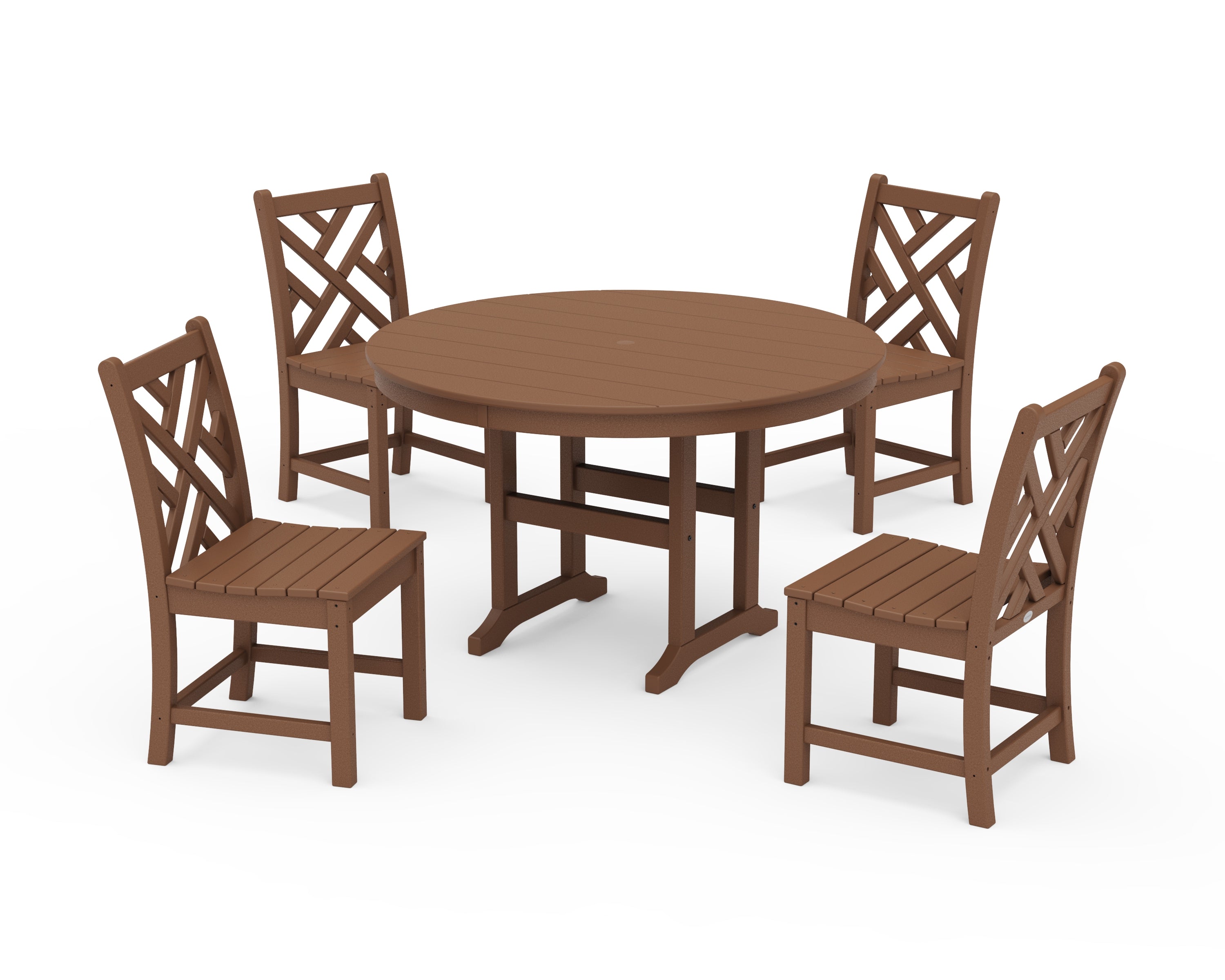 POLYWOOD Chippendale 5-Piece Round Farmhouse Side Chair Dining Set in Teak