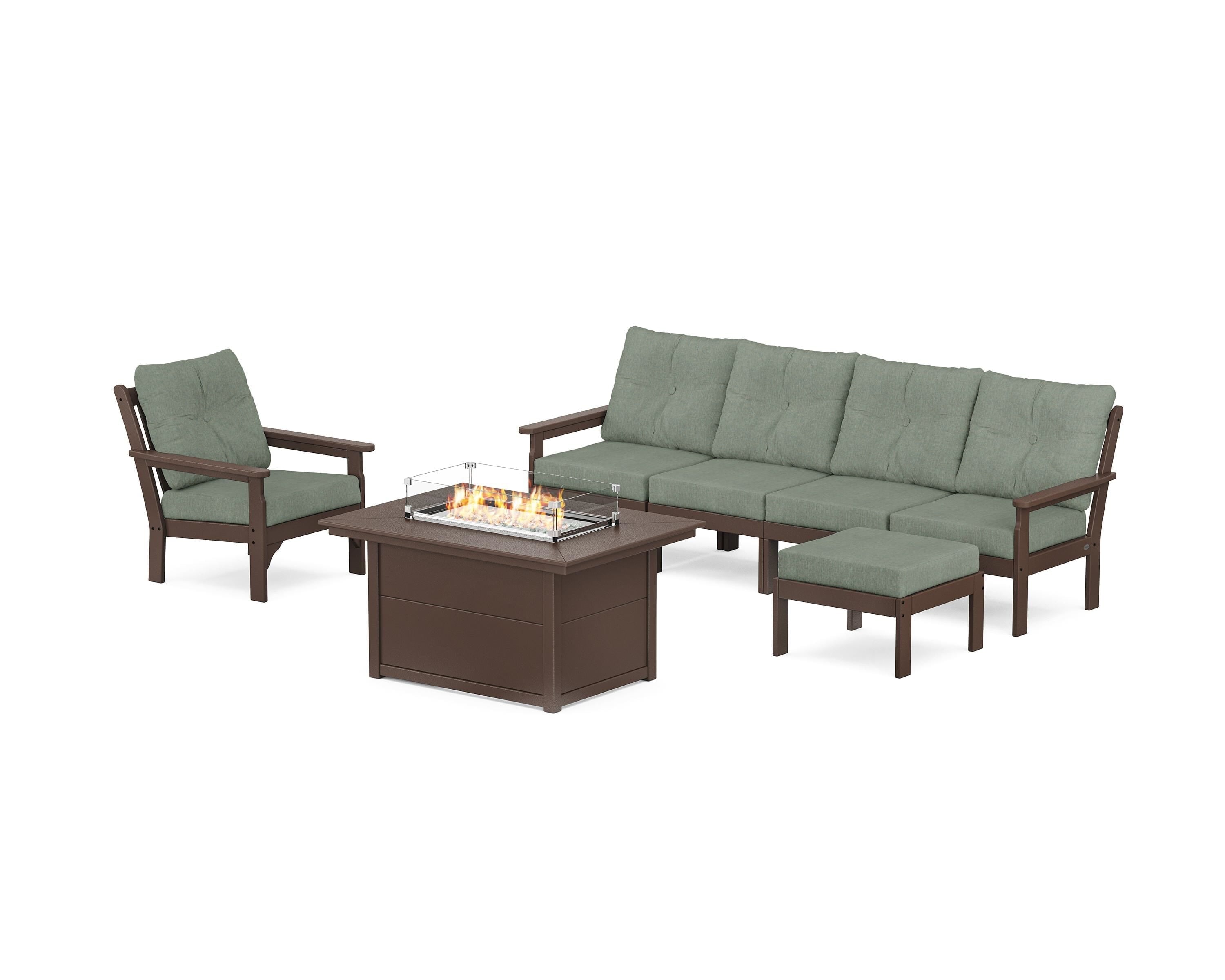 POLYWOOD Vineyard Sectional Lounge and Fire Pit Set in Mahogany / Cast Sage