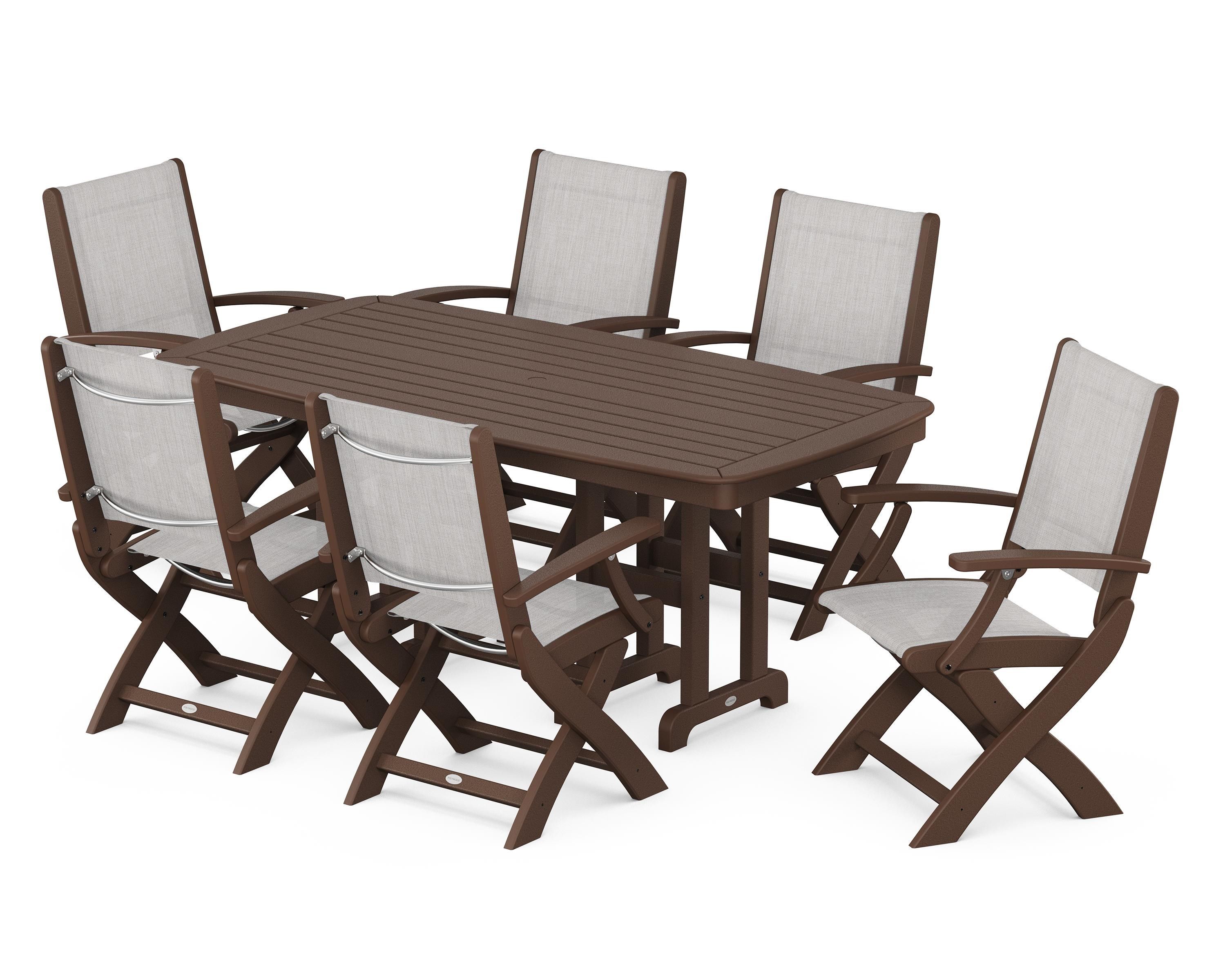 POLYWOOD Coastal Folding Arm Chair 7-Piece Dining Set in Mahogany / Parchment Sling