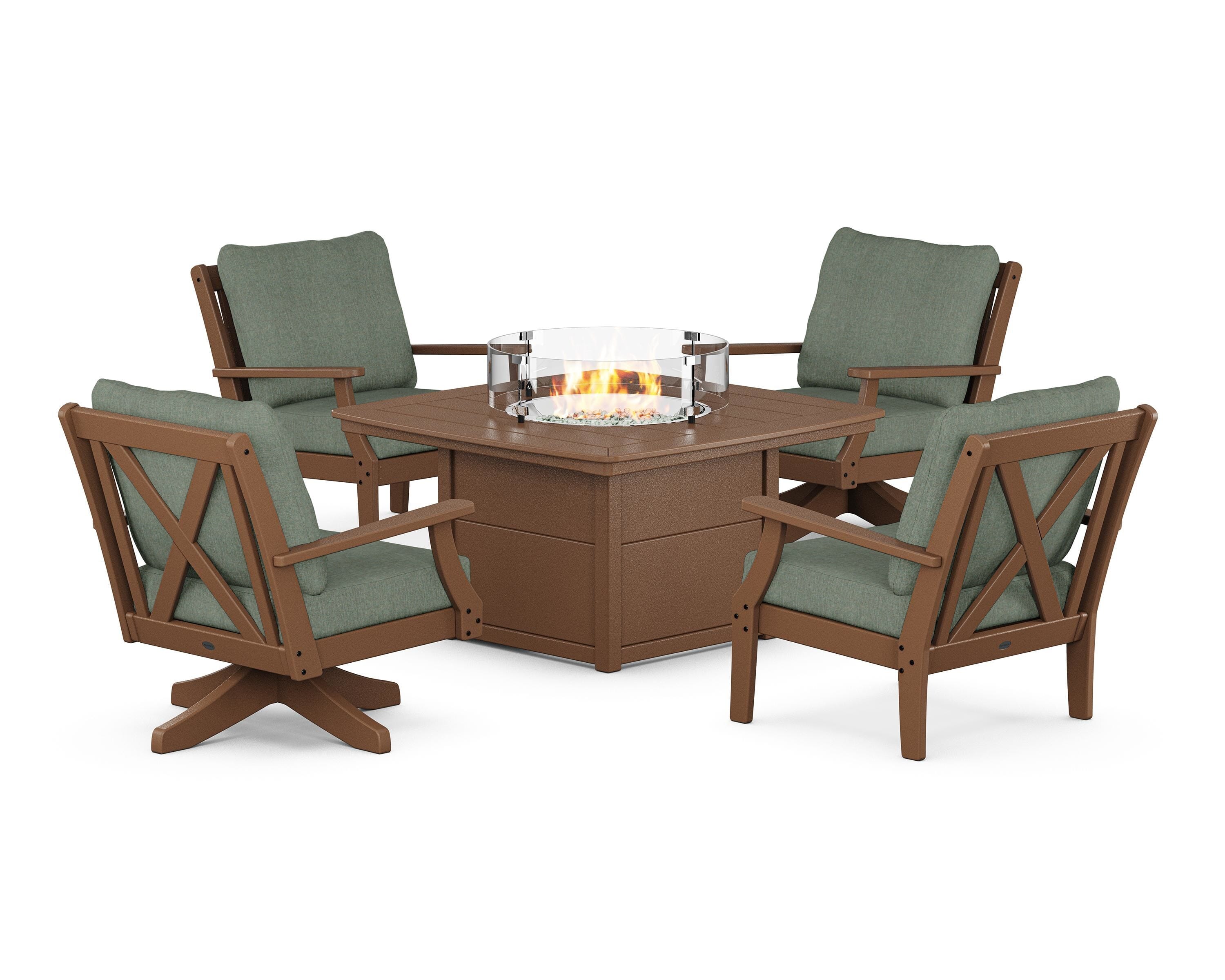POLYWOOD Braxton 5-Piece Deep Seating Set with Fire Table in Teak / Cast Sage