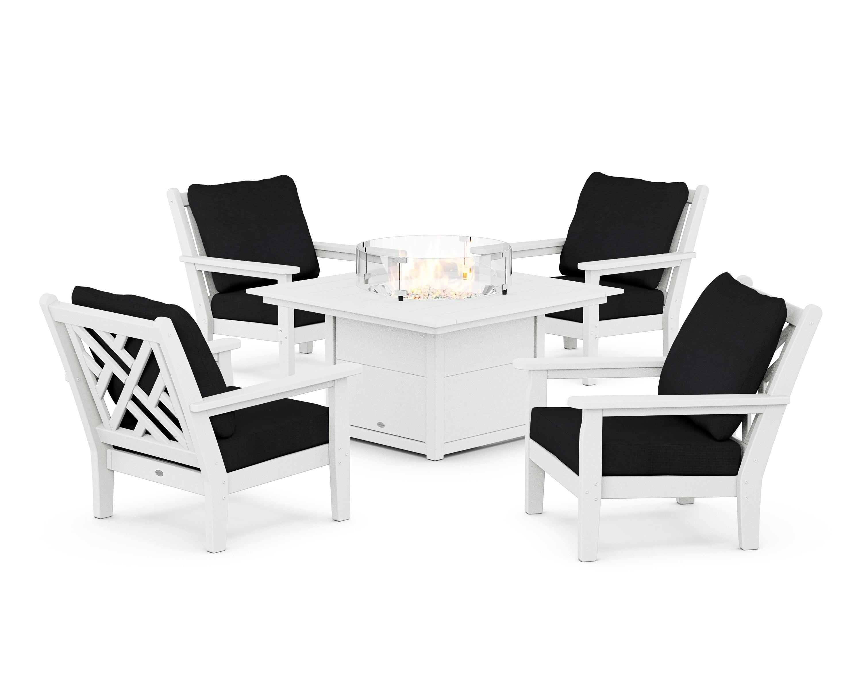 POLYWOOD Chippendale 5-Piece Deep Seating Set with Fire Pit Table in White / Midnight Linen