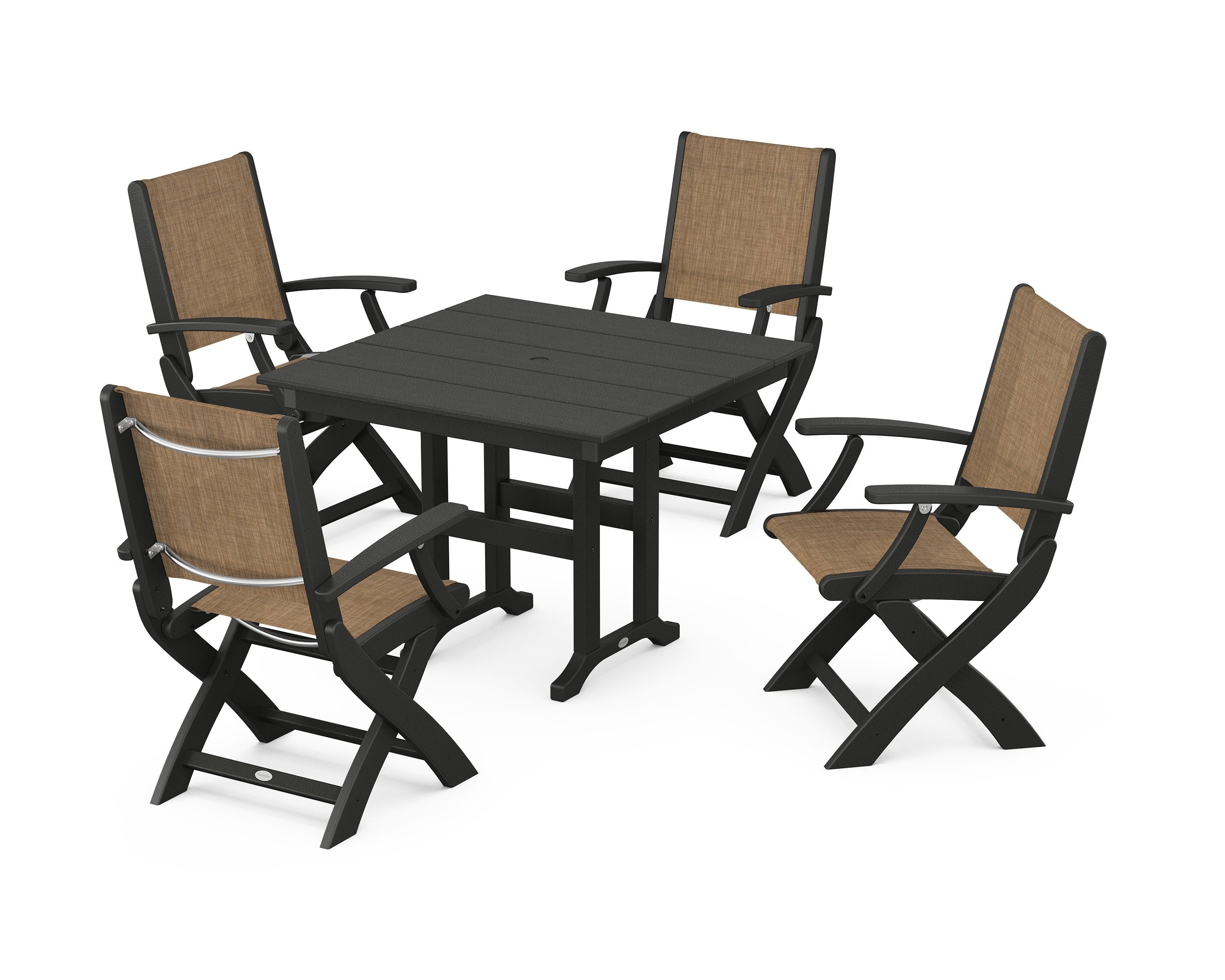 POLYWOOD Coastal Folding Chair 5-Piece Farmhouse Dining Set in Black / Burlap Sling