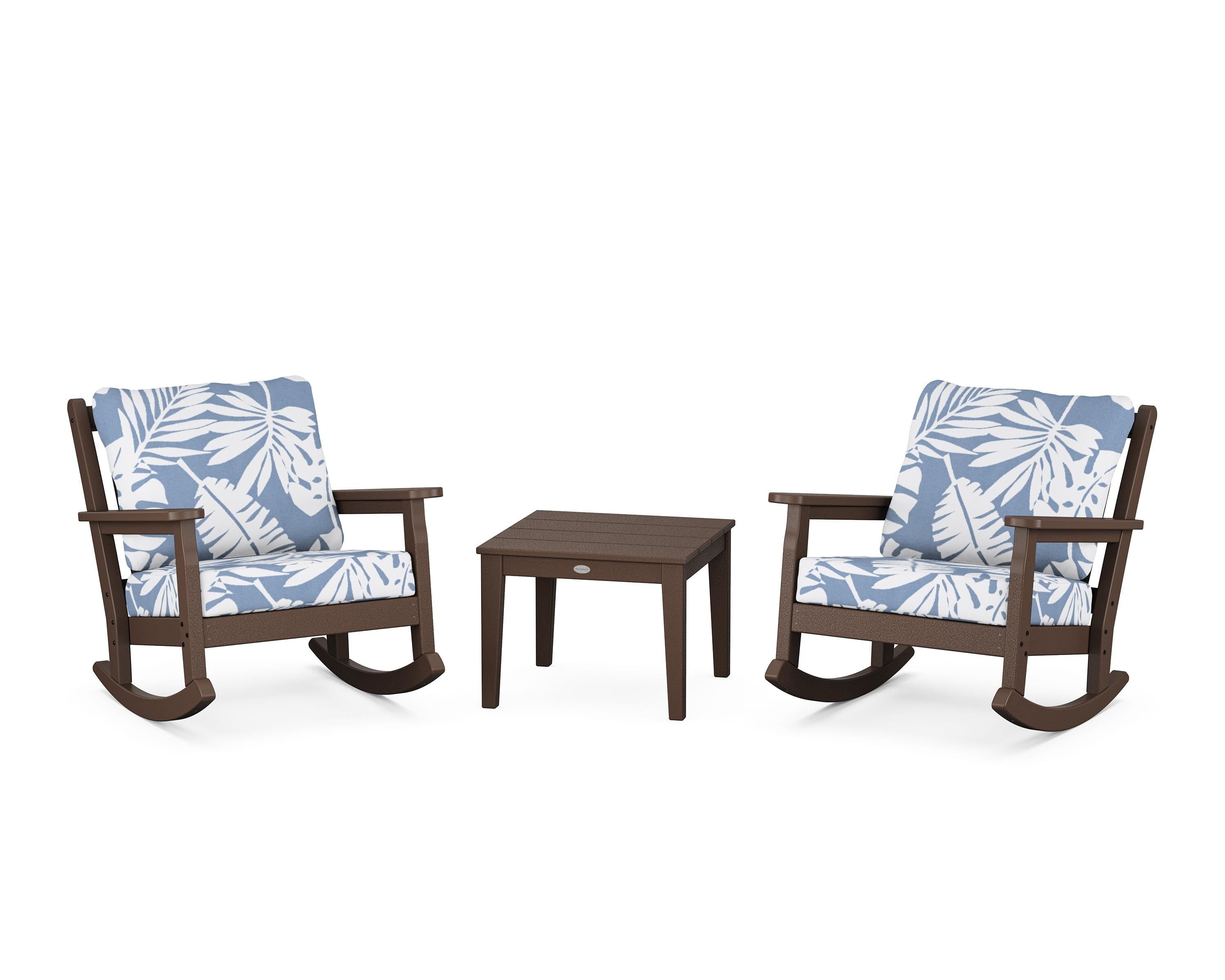 POLYWOOD Chippendale 3-Piece Deep Seating Rocker Set in Mahogany / Leaf Sky Blue