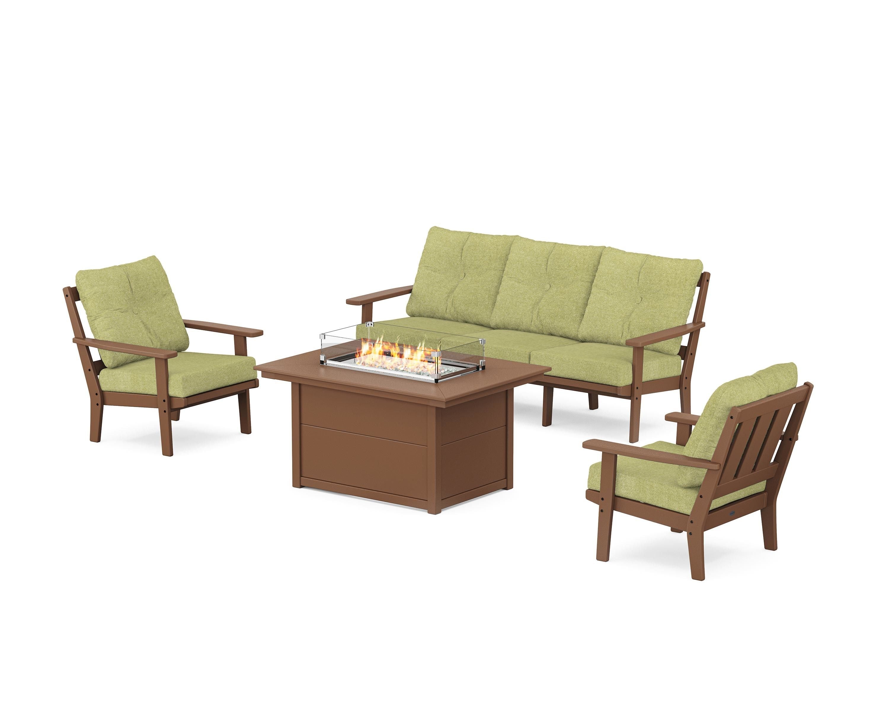 POLYWOOD Oxford Deep Seating Fire Pit Table Set in Teak / Chartreuse Boucle
