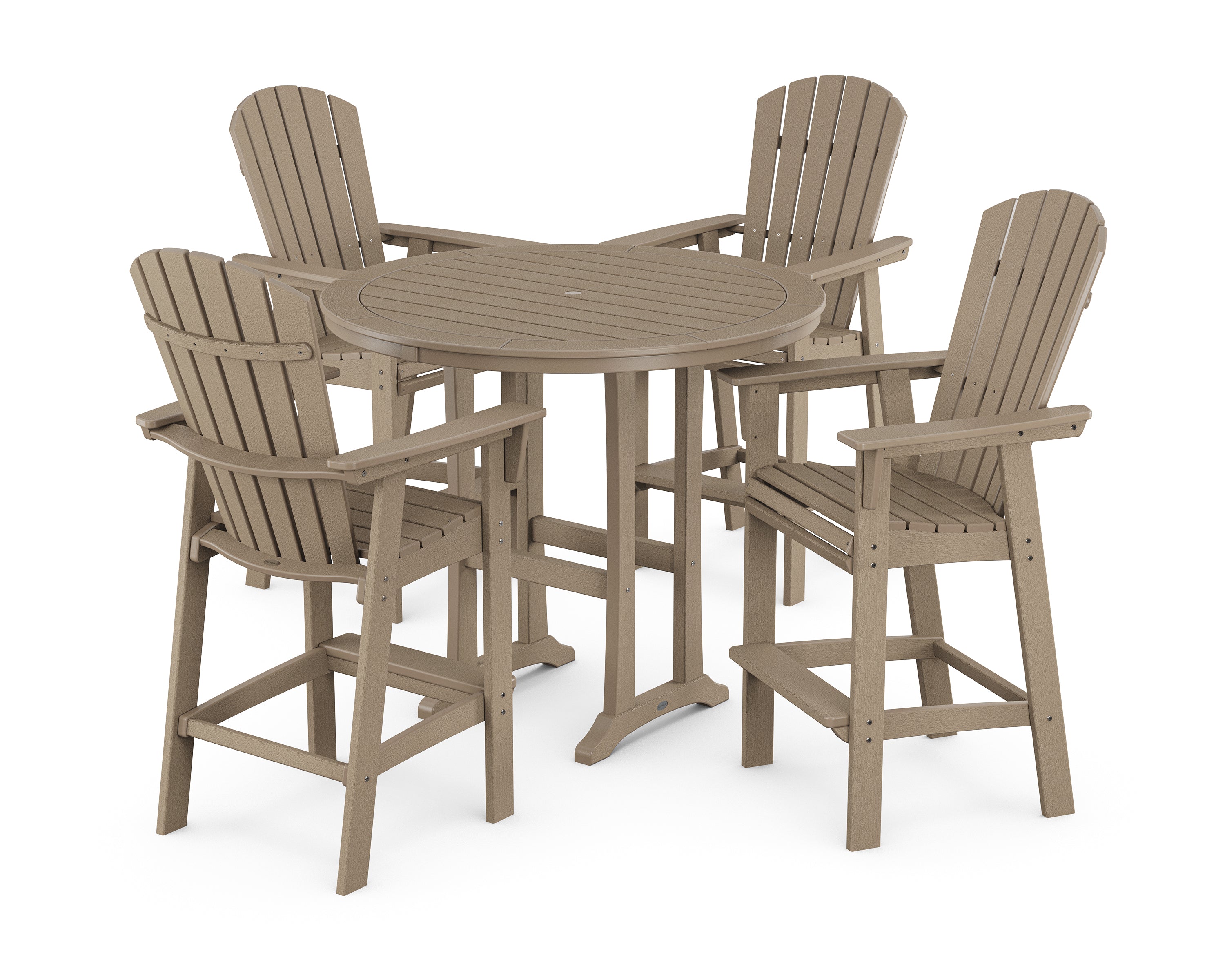 POLYWOOD® Nautical Curveback Adirondack 5-Piece Round Trestle Bar Set in Vintage Sahara