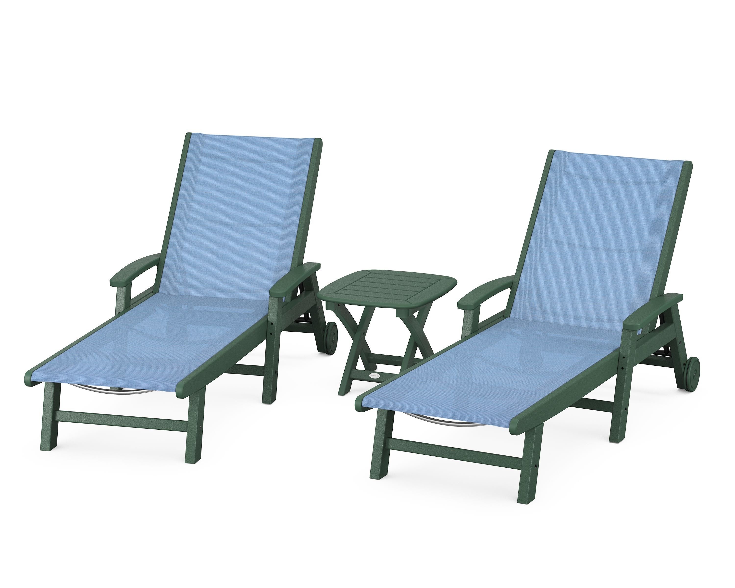 POLYWOOD Coastal 3-Piece Wheeled Chaise Set in Green / Poolside Sling