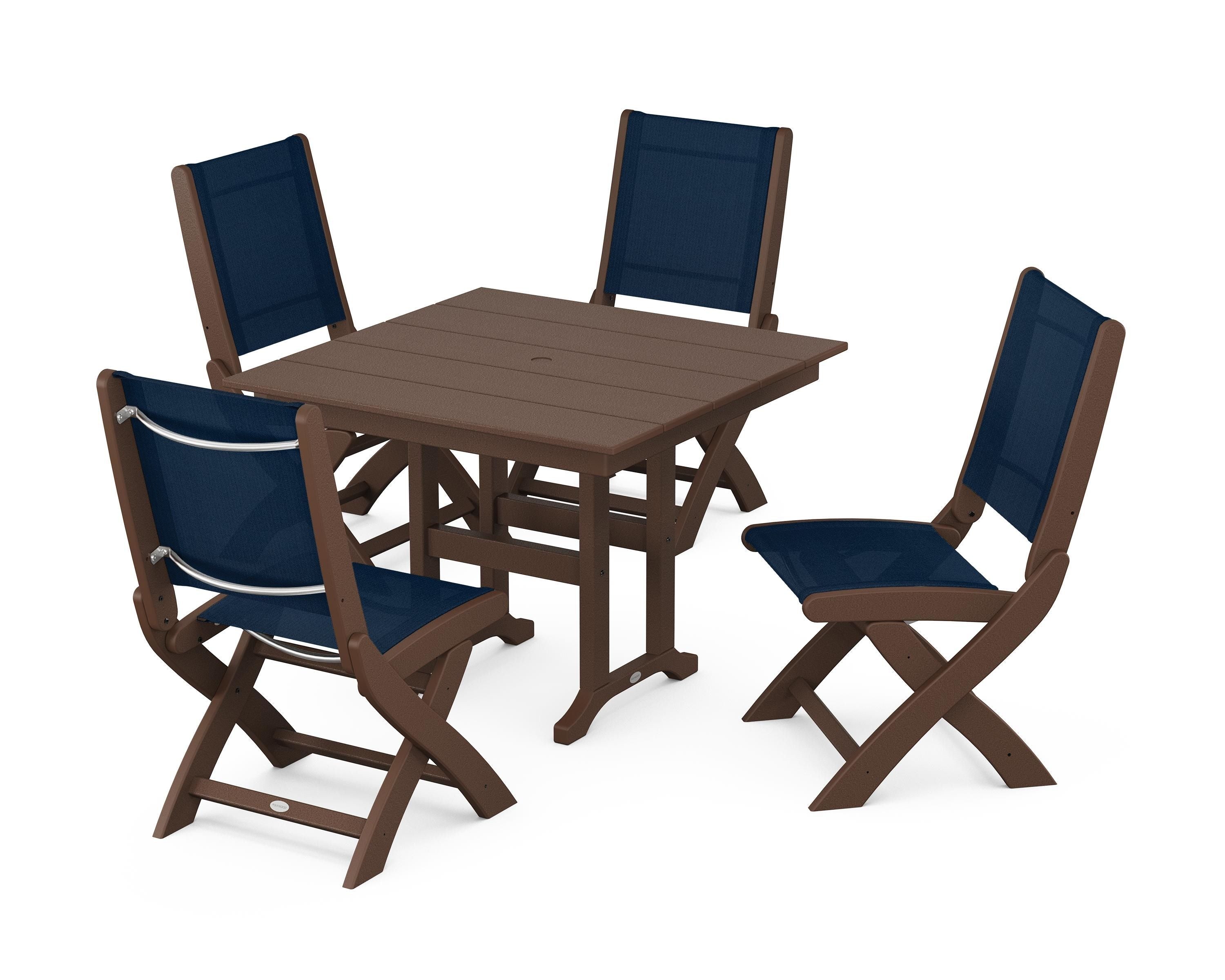 POLYWOOD Coastal Folding Side Chair 5-Piece Farmhouse Dining Set in Mahogany / Navy Blue Sling