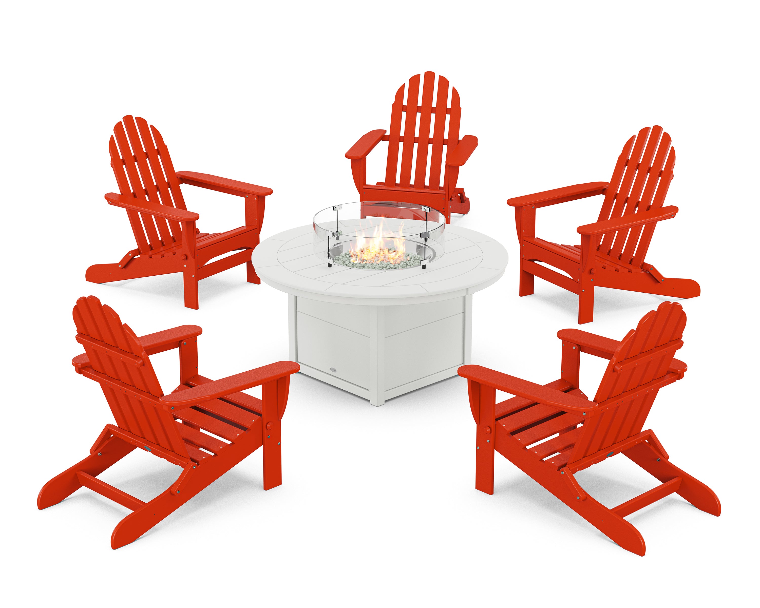 POLYWOOD® Classic Folding Adirondack 6-Piece Conversation Set with Fire Pit Table in Sunset Red / White