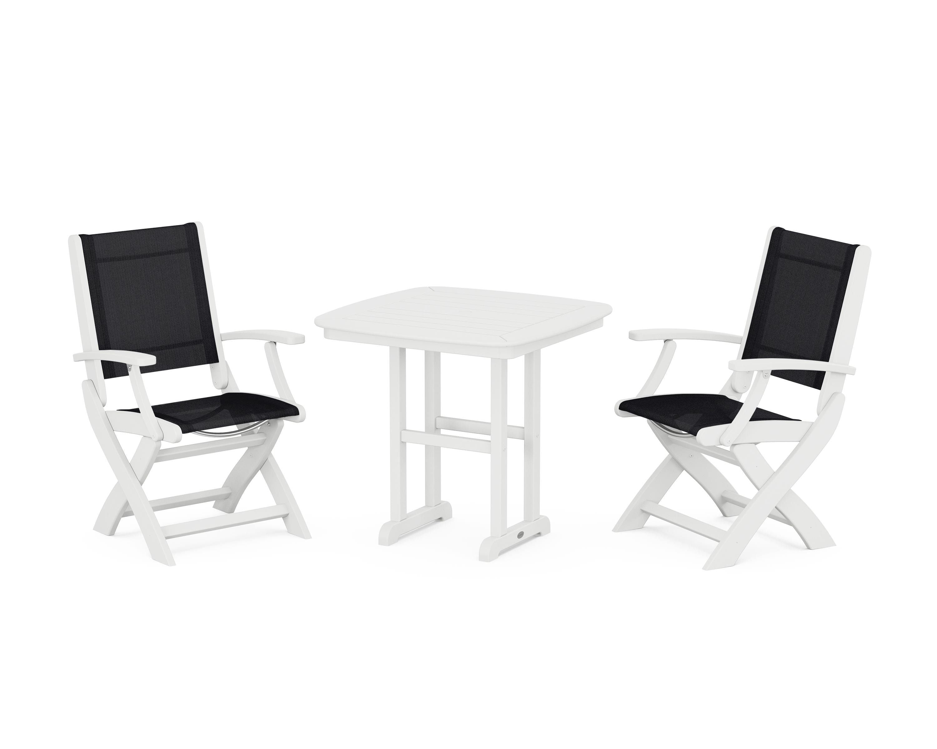 POLYWOOD Coastal Folding Chair 3-Piece Dining Set in White / Black Sling
