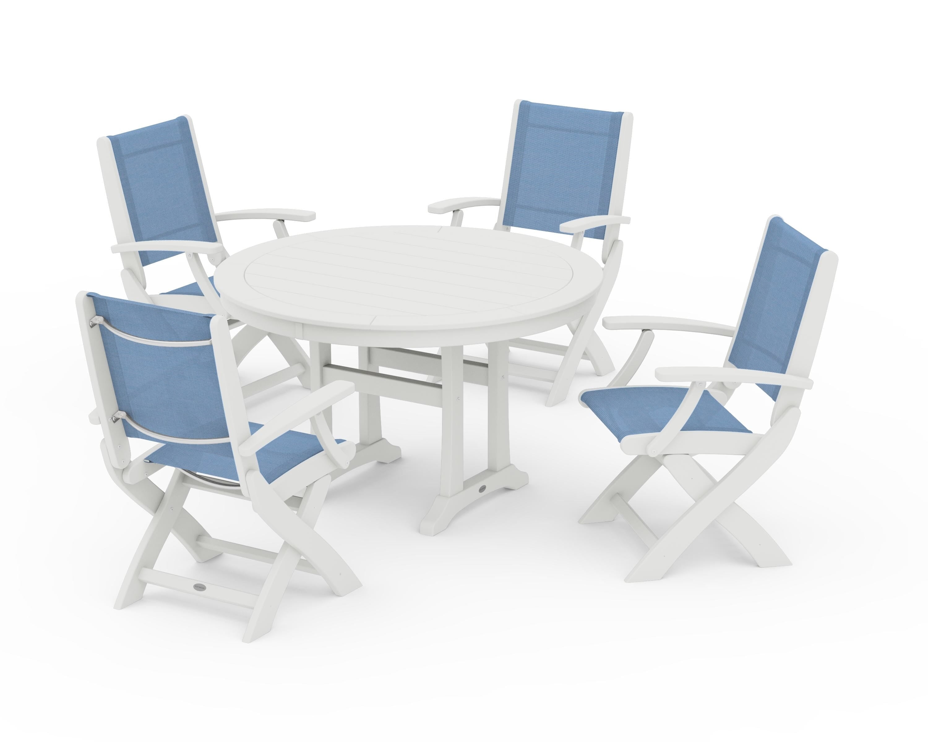 POLYWOOD Coastal Folding Chair 5-Piece Round Dining Set with Trestle Legs in Vintage White / Poolside Sling