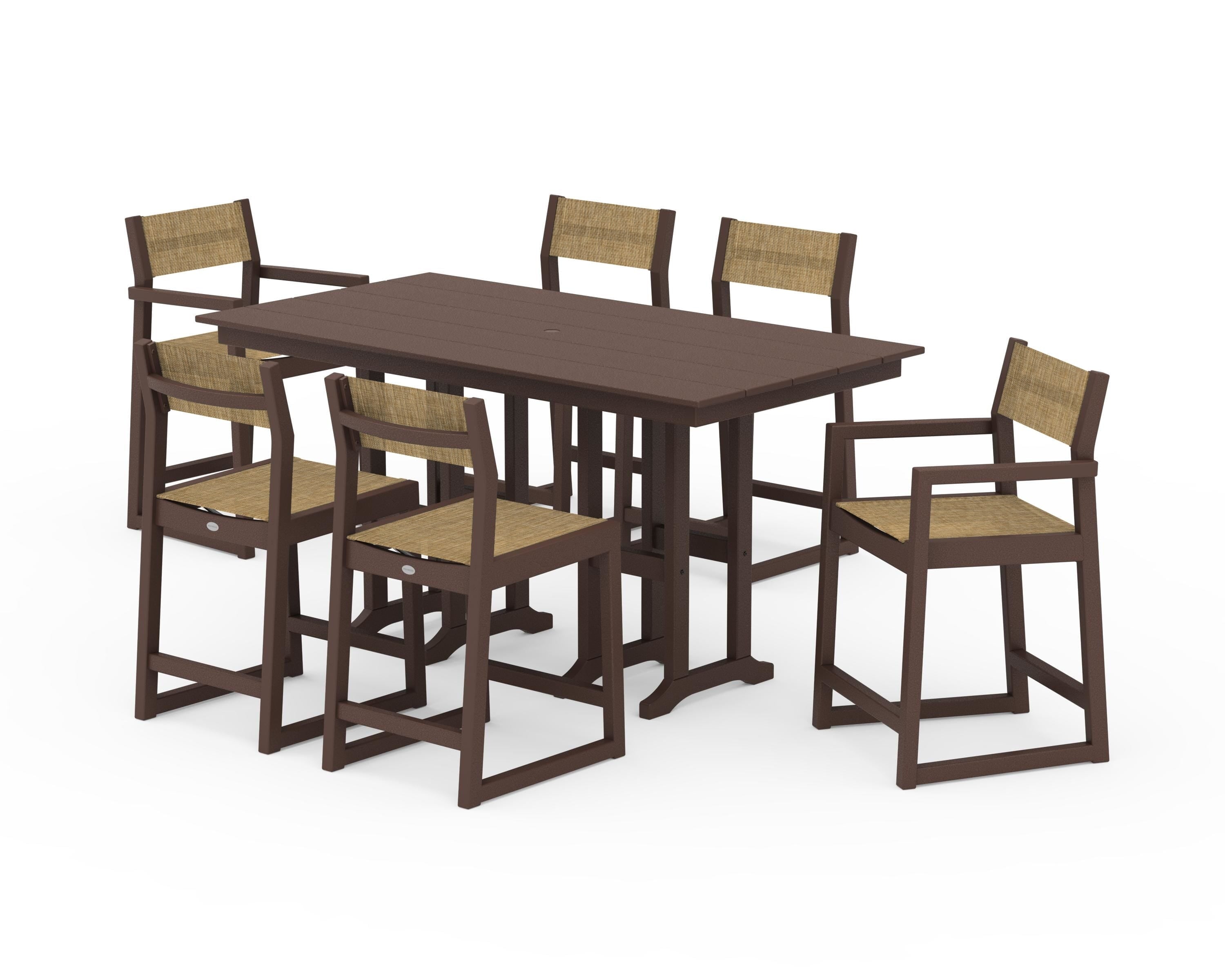 POLYWOOD EDGE Sling 7-Piece Farmhouse Counter Set in Mahogany / Burlap Sling