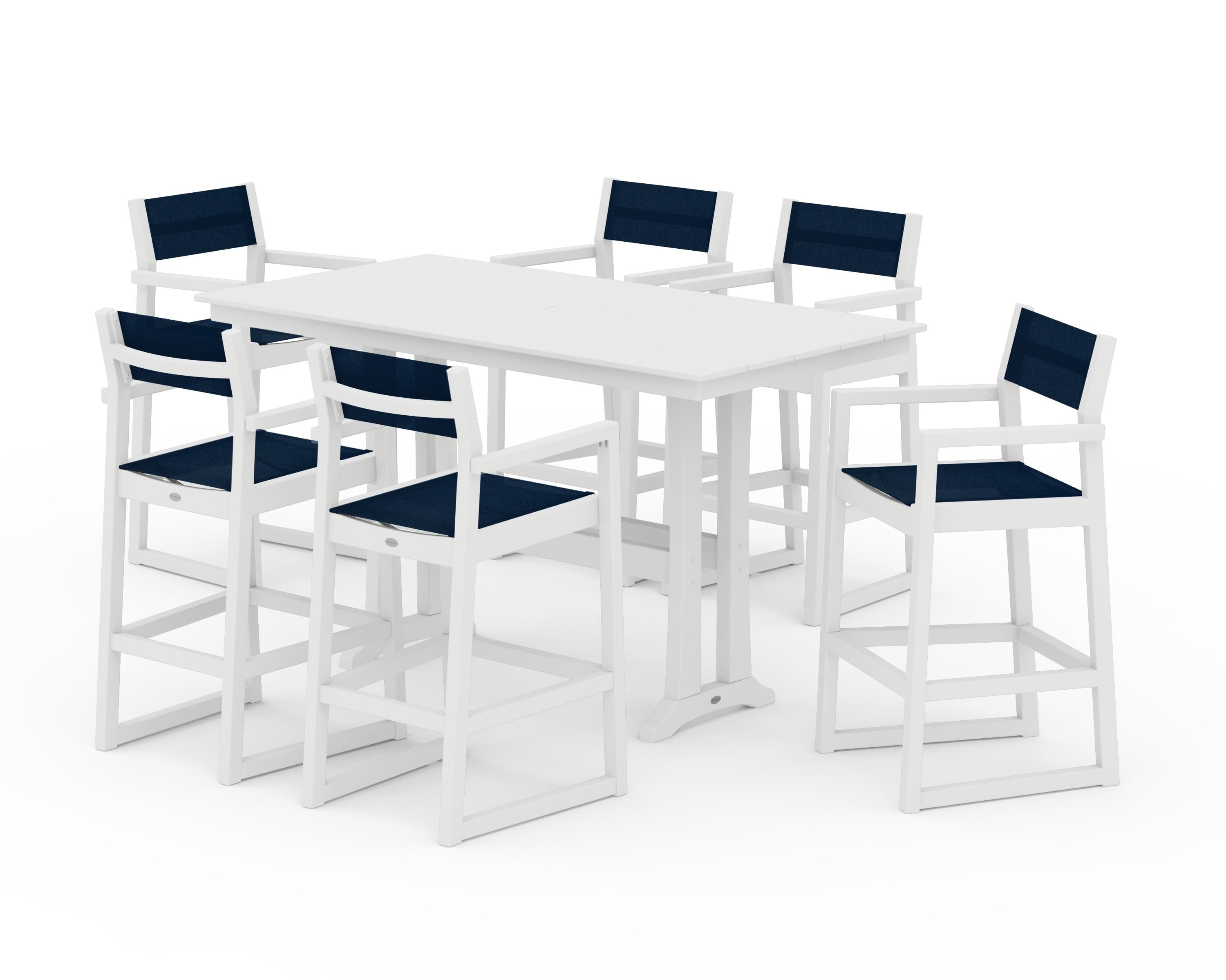 POLYWOOD EDGE Sling Arm Chair 7-Piece Farmhouse Bar Set with Trestle Legs in White / Navy Blue Sling