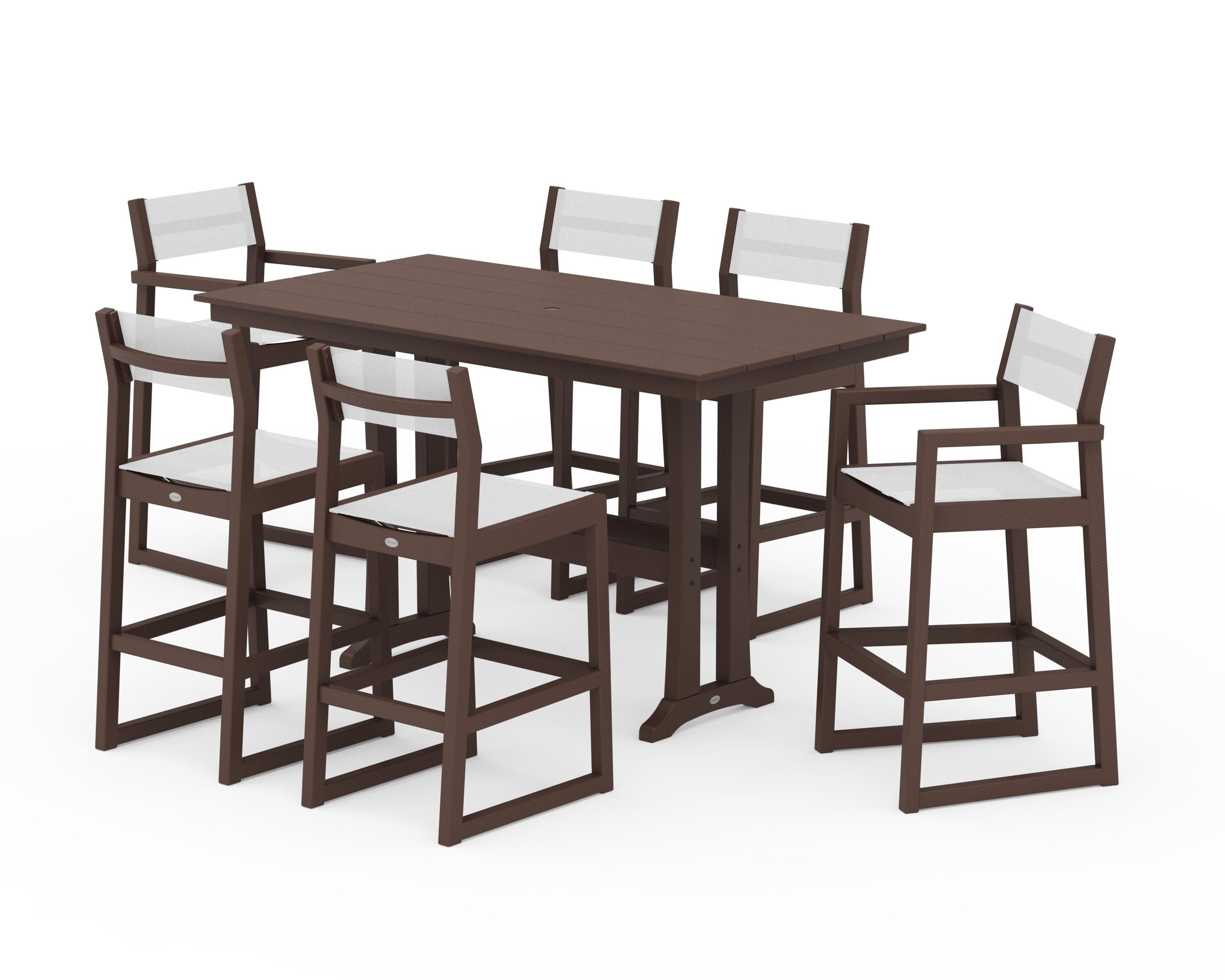 POLYWOOD EDGE Sling 7-Piece Farmhouse Bar Set with Trestle Legs in Mahogany / White Sling
