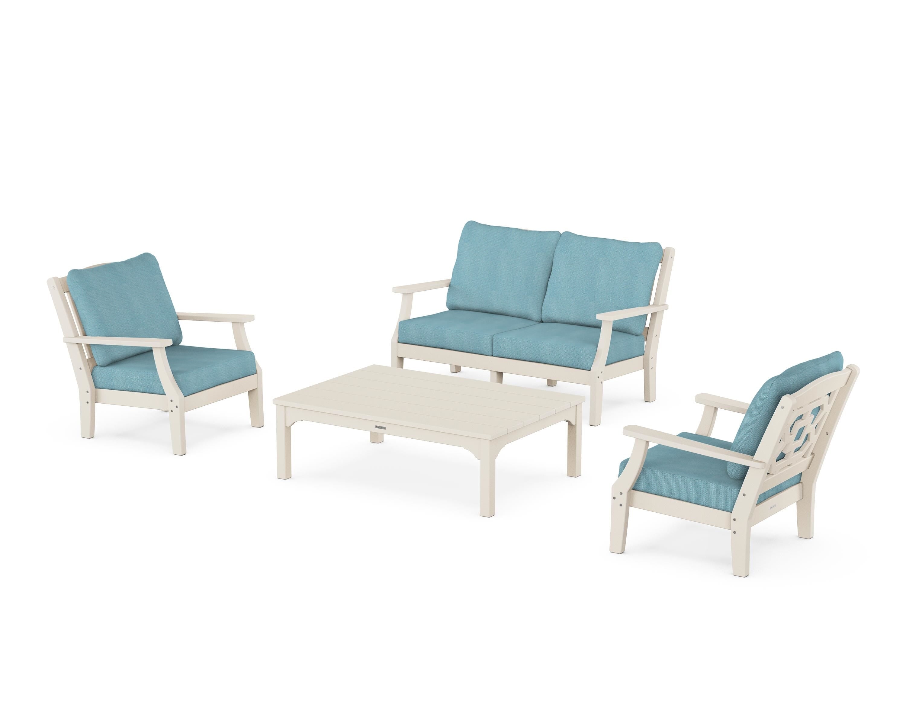 Martha Stewart by POLYWOOD Chinoiserie 4-Piece Deep Seating Set with Loveseat in Sand / Lattice Sky Blue