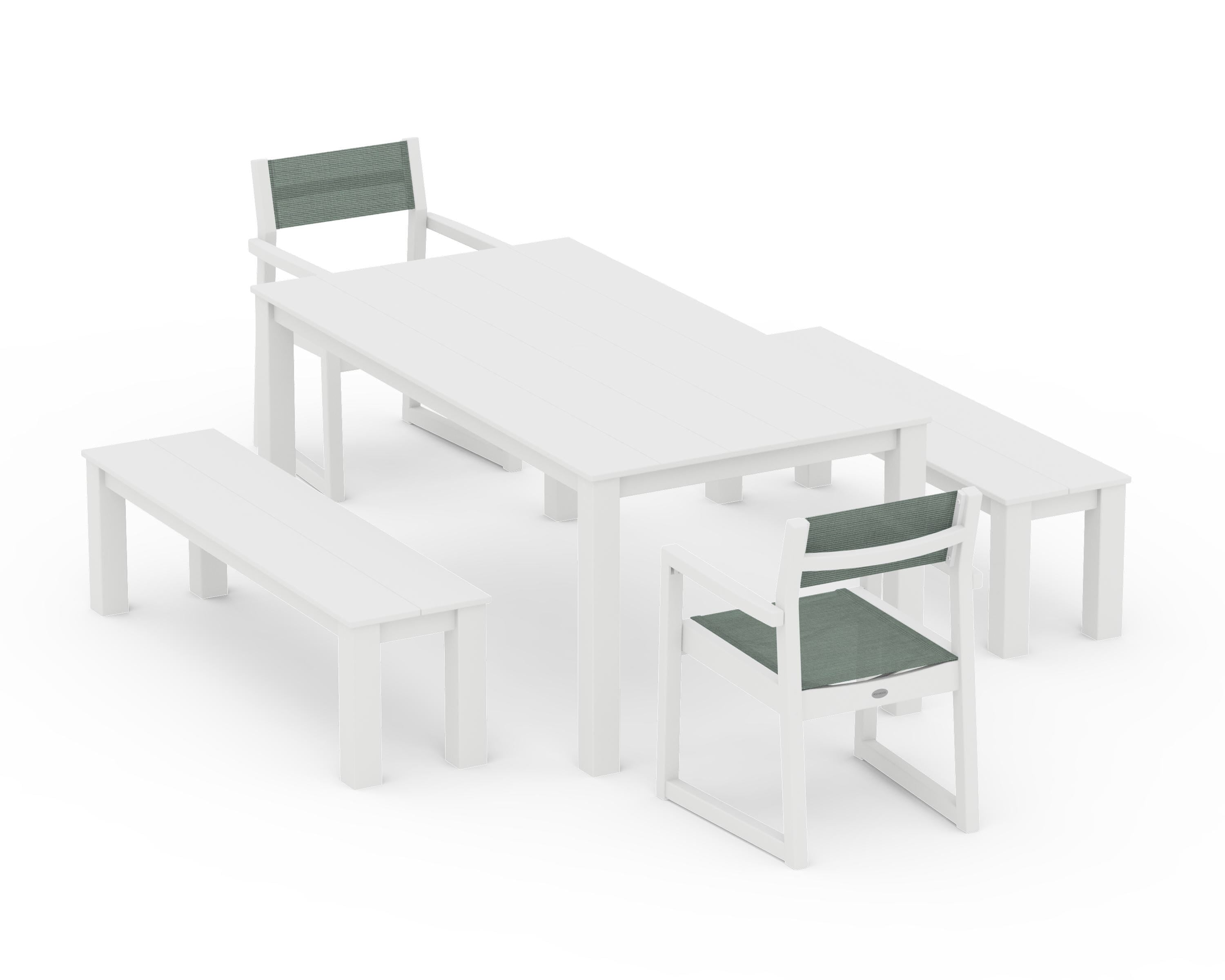 POLYWOOD EDGE Sling Arm Chair 5-Piece Parsons Dining Set with Benches in White / Dupioni Sea Mist Sling