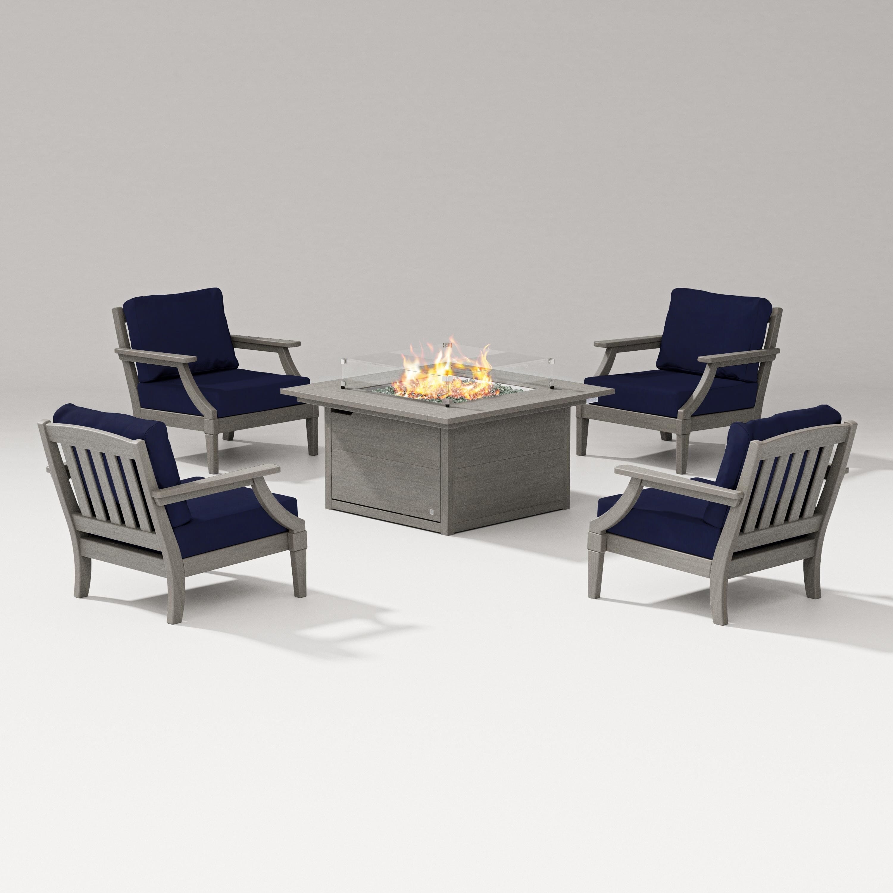 PW Designer Series Estate 5-Piece Lounge Fire Table Set in Driftwood / Navy