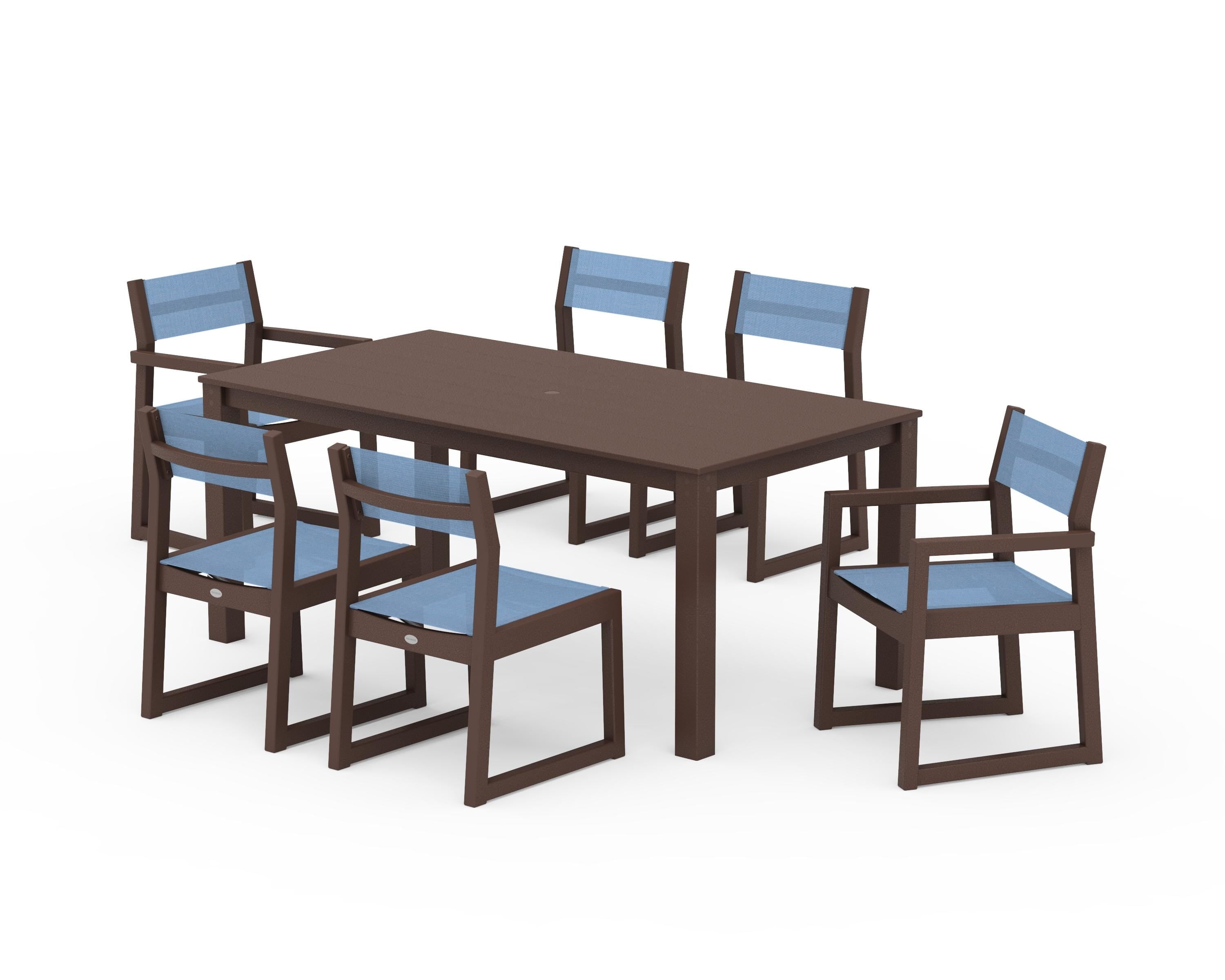 POLYWOOD EDGE Sling 7-Piece Parsons Dining Set in Mahogany / Poolside Sling
