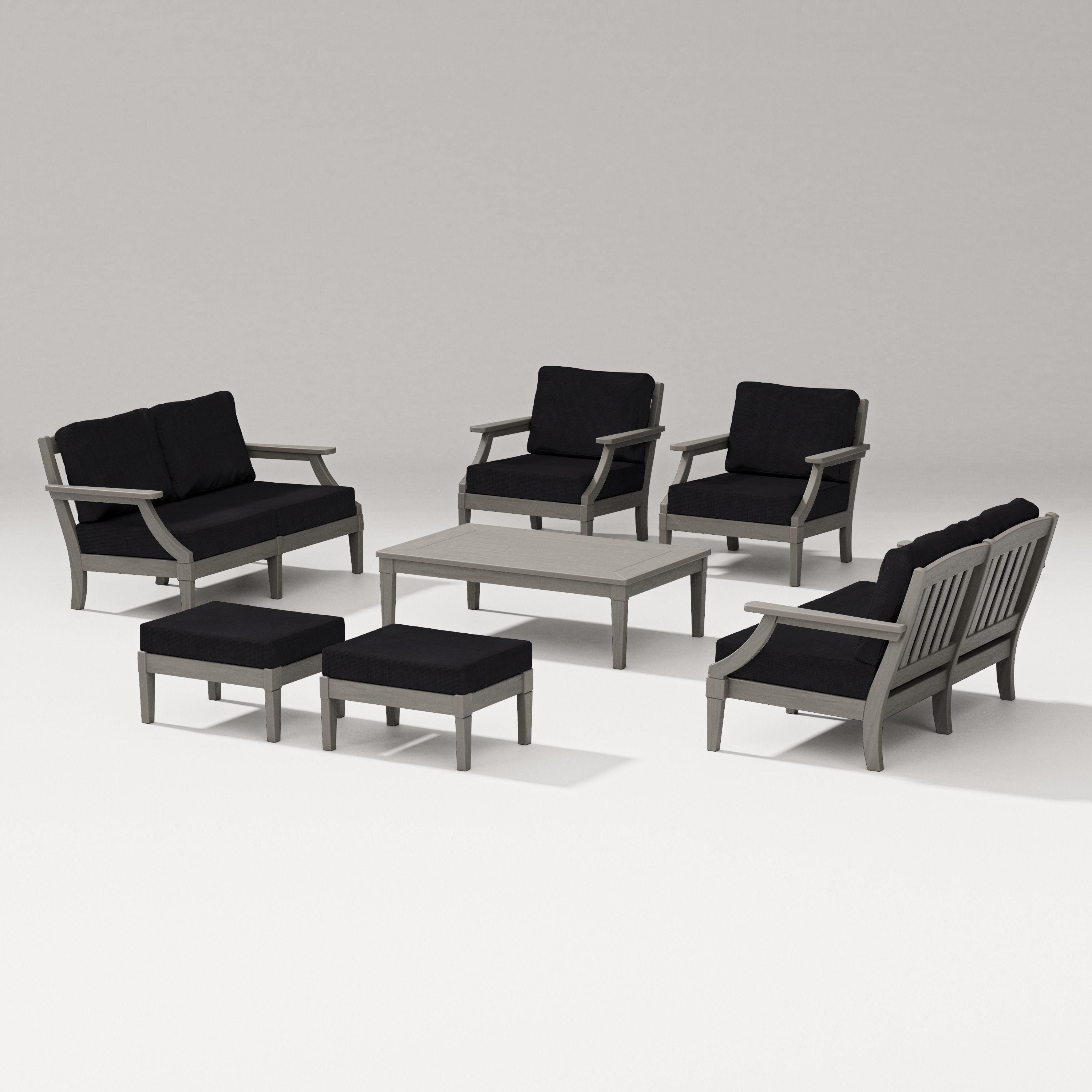 PW Designer Series Estate 7-Piece Lounge Loveseat Set in Driftwood / Midnight Linen