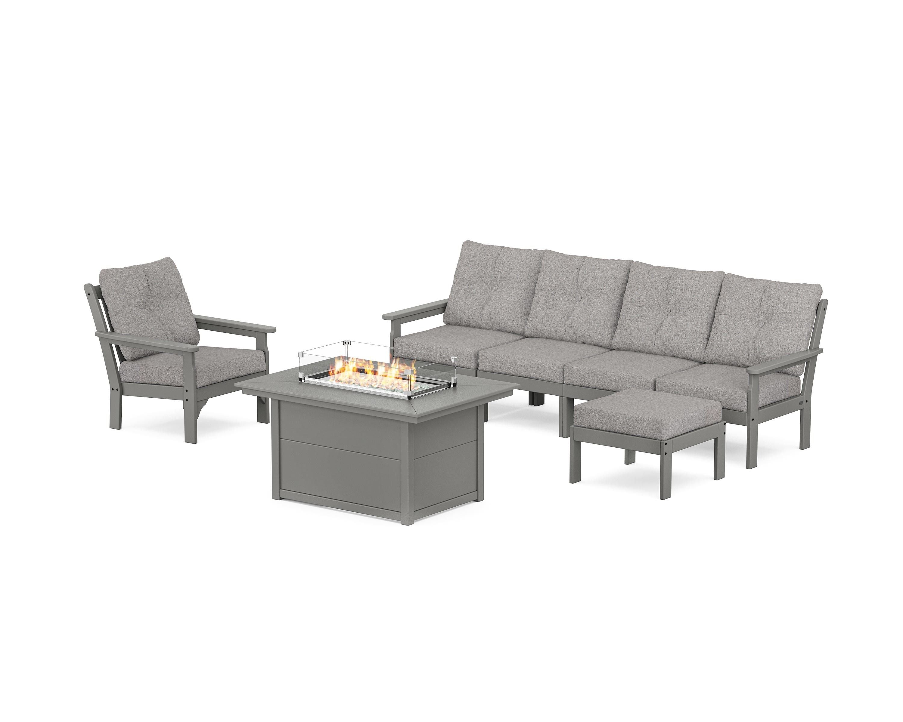 POLYWOOD Vineyard Sectional Lounge and Fire Pit Set in Slate Grey / Grey Mist