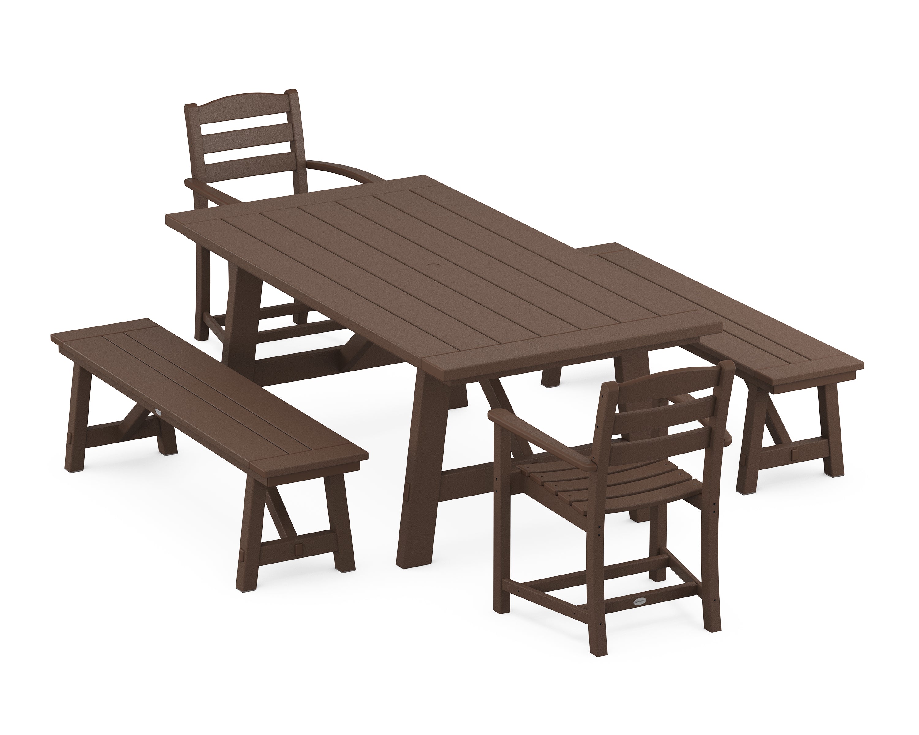 POLYWOOD® La Casa Café 5-Piece Rustic Farmhouse Dining Set With Benches in Mahogany